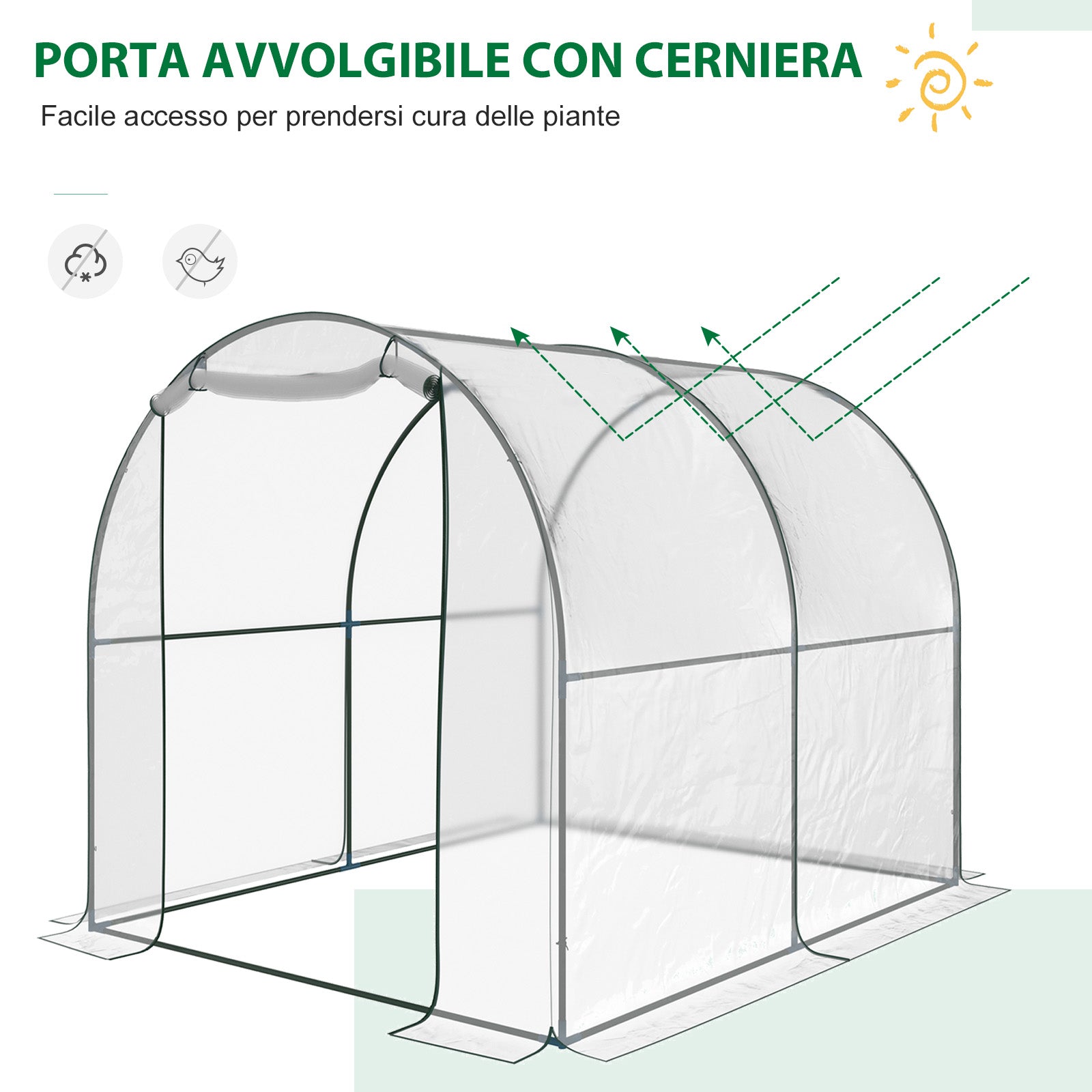 Garden Tunnel Greenhouse, Balcony Greenhouse for Plants and Vegetables with PVC Cover, Roll-Up Door, and Steel Frame, 2x2.5x2m