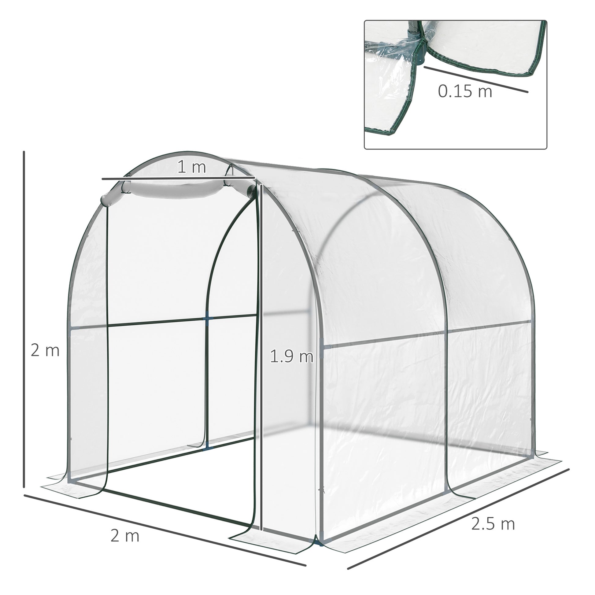Garden Tunnel Greenhouse, Balcony Greenhouse for Plants and Vegetables with PVC Cover, Roll-Up Door, and Steel Frame, 2x2.5x2m