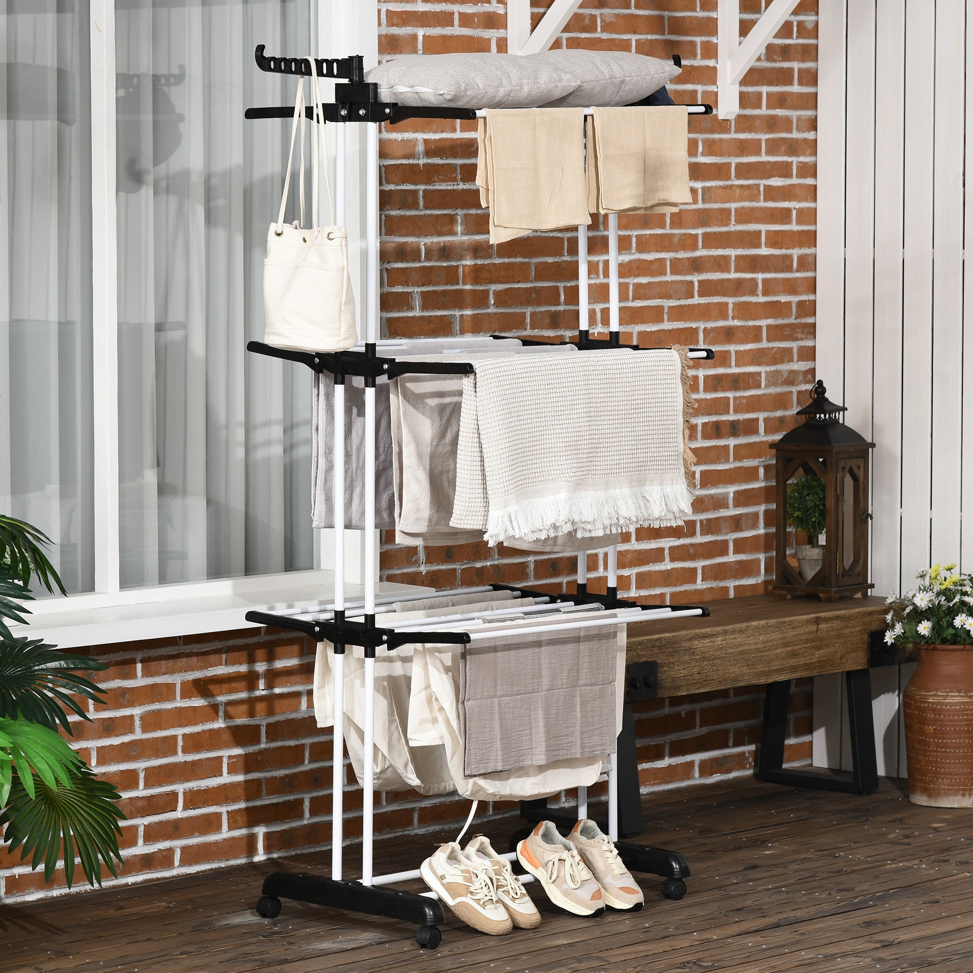 Clothes Rack Tower Clothes Rack with Wheels with 4 Levels Standing Dryer Extendable Clothes Tower for Indoor and Outdoor Use Steel Black 73 x 45.5 x 177cm