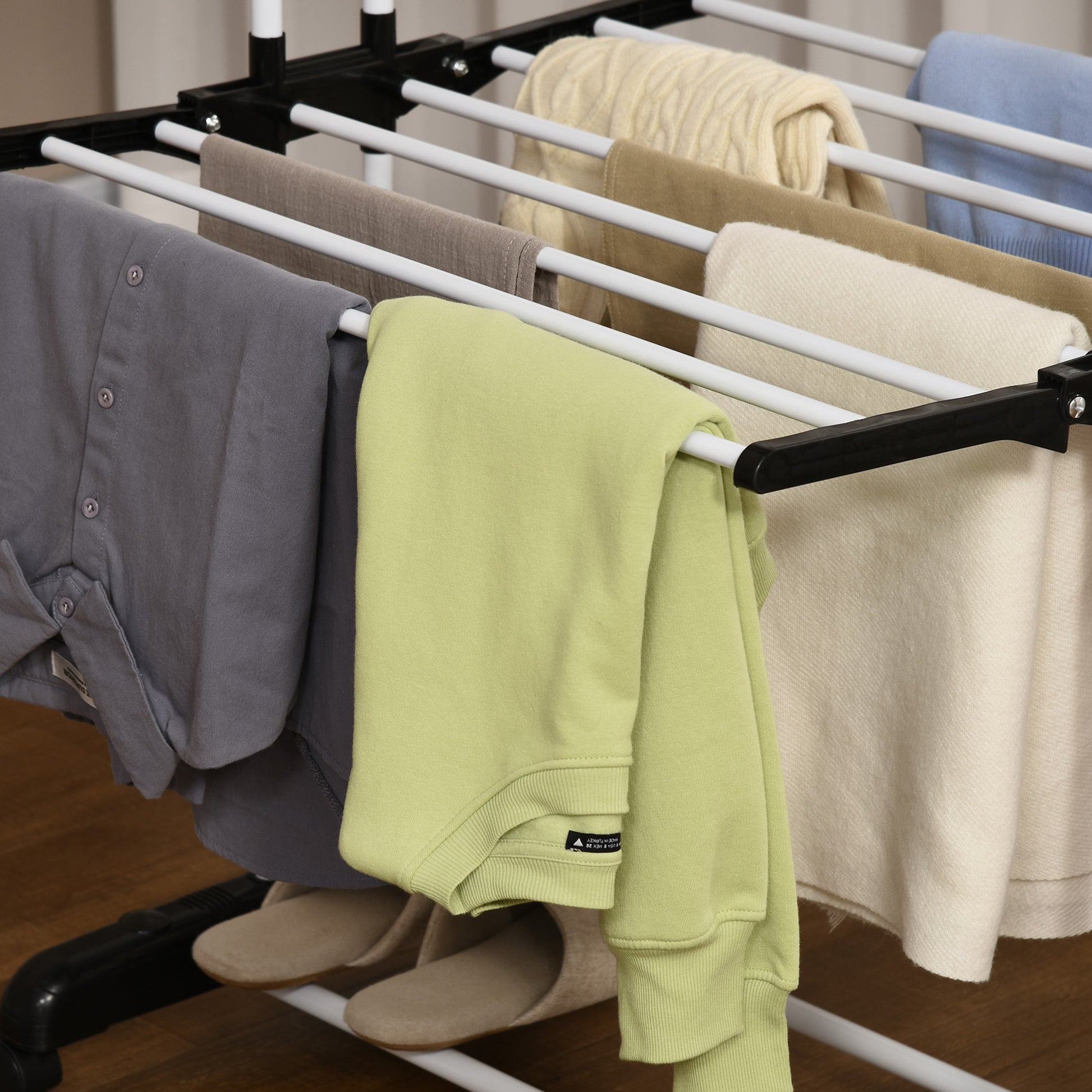 Clothes Rack Tower Clothes Rack with Wheels with 4 Levels Standing Dryer Extendable Clothes Tower for Indoor and Outdoor Use Steel Black 73 x 45.5 x 177cm
