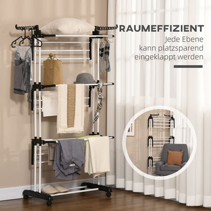 Clothes Rack Tower Clothes Rack with Wheels with 4 Levels Standing Dryer Extendable Clothes Tower for Indoor and Outdoor Use Steel Black 73 x 45.5 x 177cm