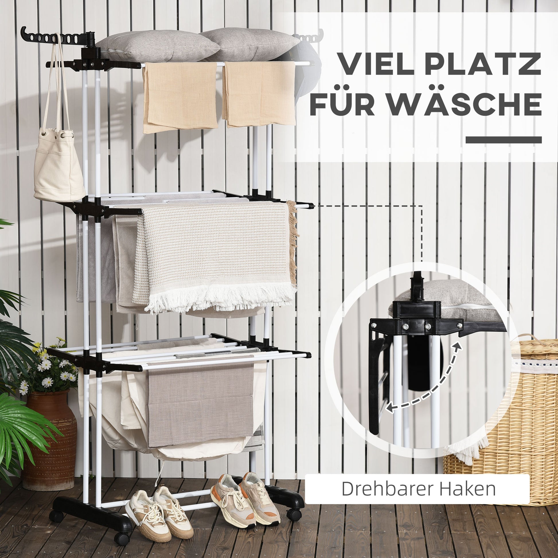 Clothes Rack Tower Clothes Rack with Wheels with 4 Levels Standing Dryer Extendable Clothes Tower for Indoor and Outdoor Use Steel Black 73 x 45.5 x 177cm