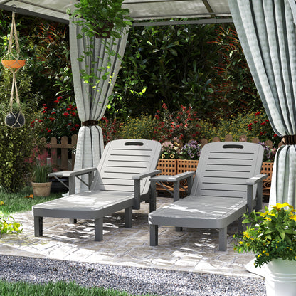 2-Piece Sun Lounger Set with Side Table, Wood-Effect Outdoor Recliners, 5-Position Adjustable Backrest, Weatherproof, Up to 265 lb Capacity, Dark Gray