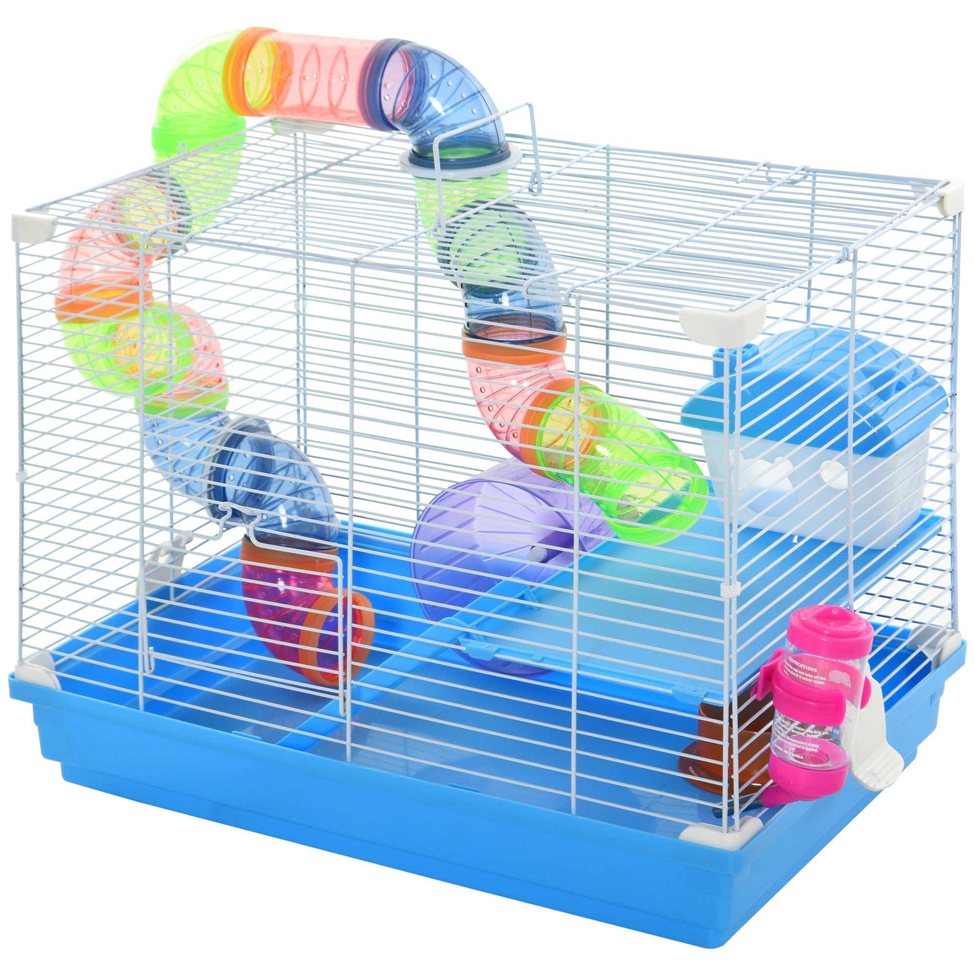 Hamster Cage 46x30x37 cm House for Hamster with Tubes Feeder Water Dispenser Ramp Exercise Wheel and Portable Handle for Indoor and Outdoor Blue and White