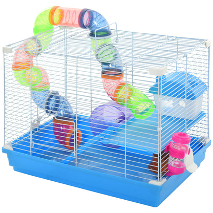 Hamster Cage 46x30x37 cm House for Hamster with Tubes Feeder Water Dispenser Ramp Exercise Wheel and Portable Handle for Indoor and Outdoor Blue and White