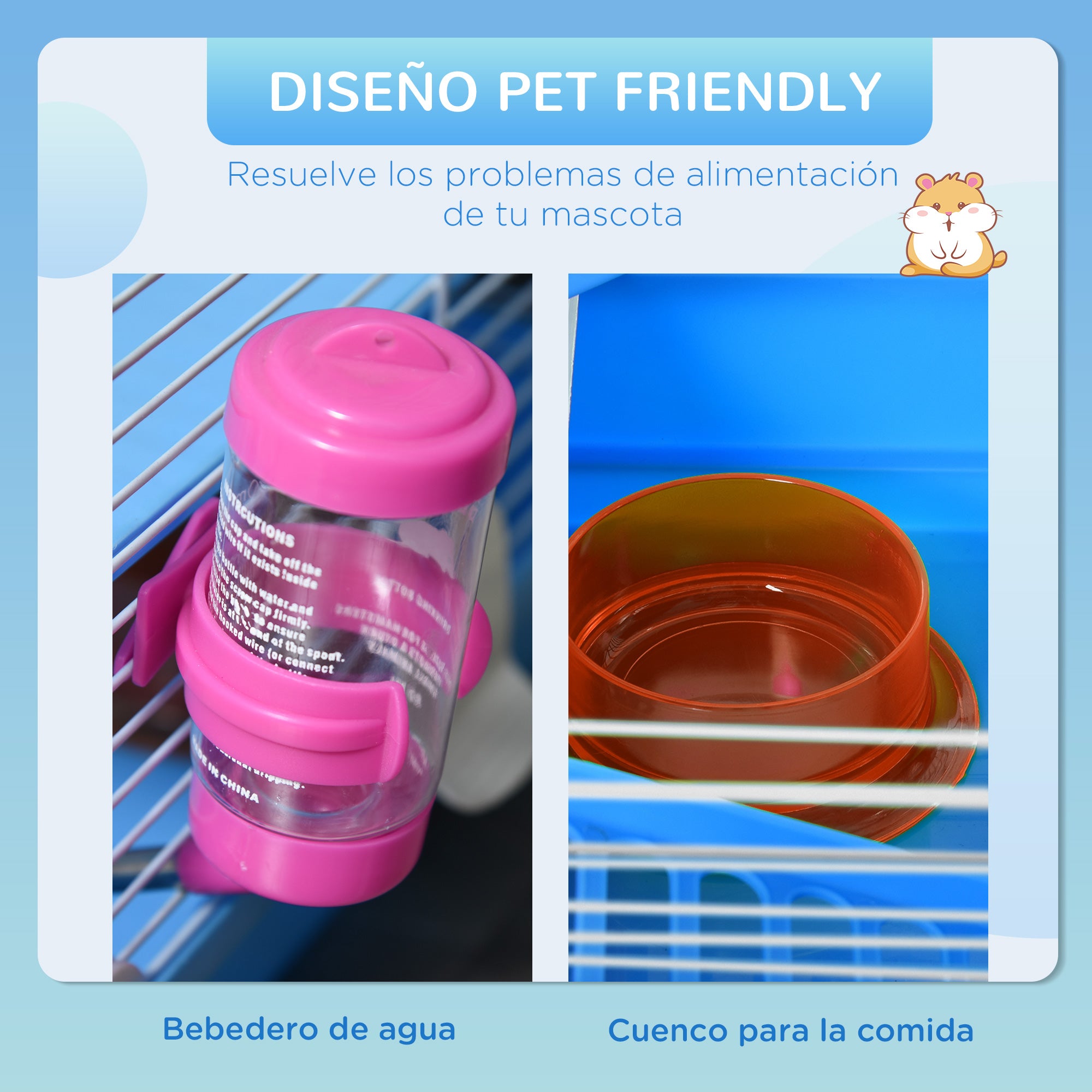 Hamster Cage 46x30x37 cm House for Hamster with Tubes Feeder Water Dispenser Ramp Exercise Wheel and Portable Handle for Indoor and Outdoor Blue and White