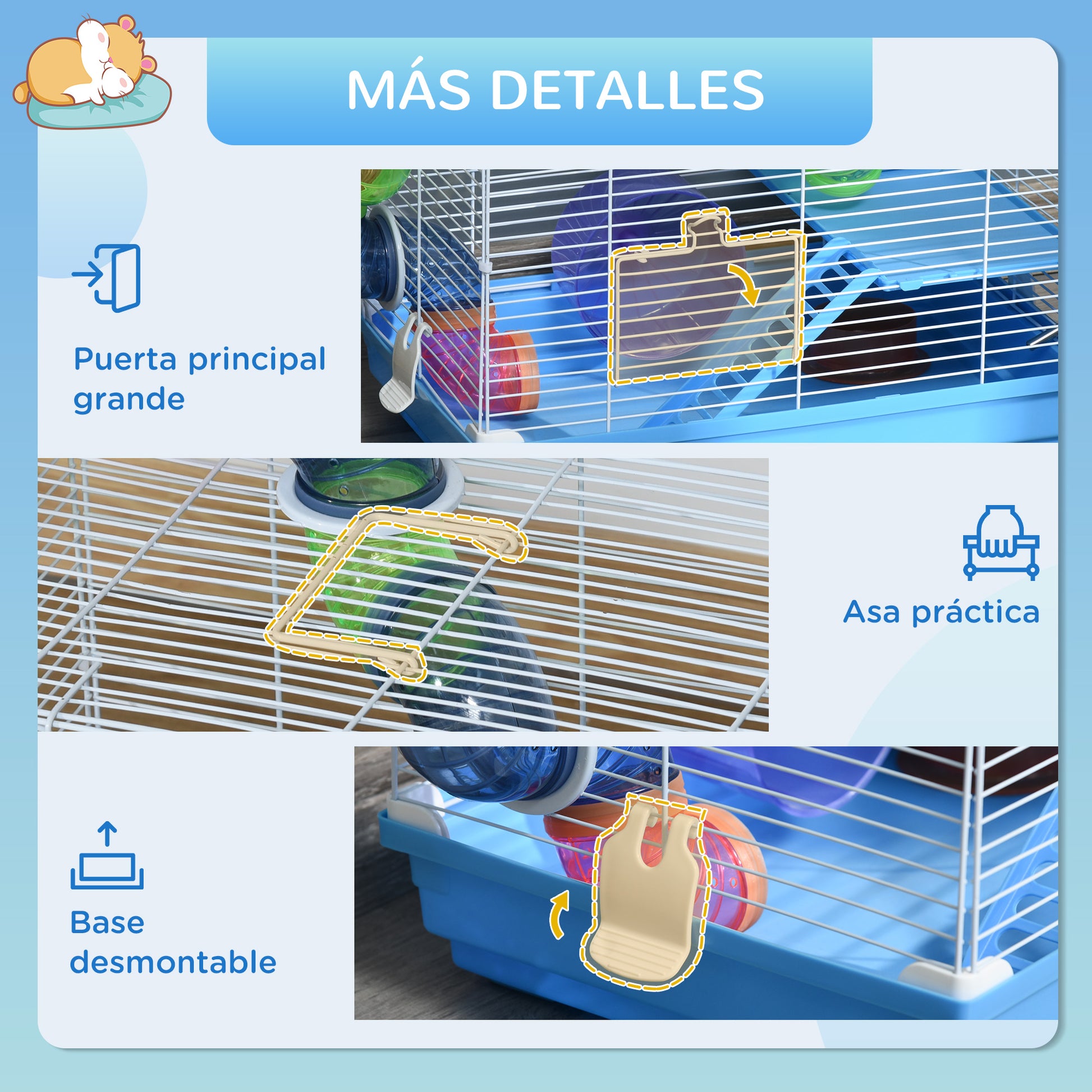 Hamster Cage 46x30x37 cm House for Hamster with Tubes Feeder Water Dispenser Ramp Exercise Wheel and Portable Handle for Indoor and Outdoor Blue and White