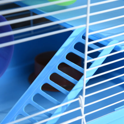 Hamster Cage 46x30x37 cm House for Hamster with Tubes Feeder Water Dispenser Ramp Exercise Wheel and Portable Handle for Indoor and Outdoor Blue and White
