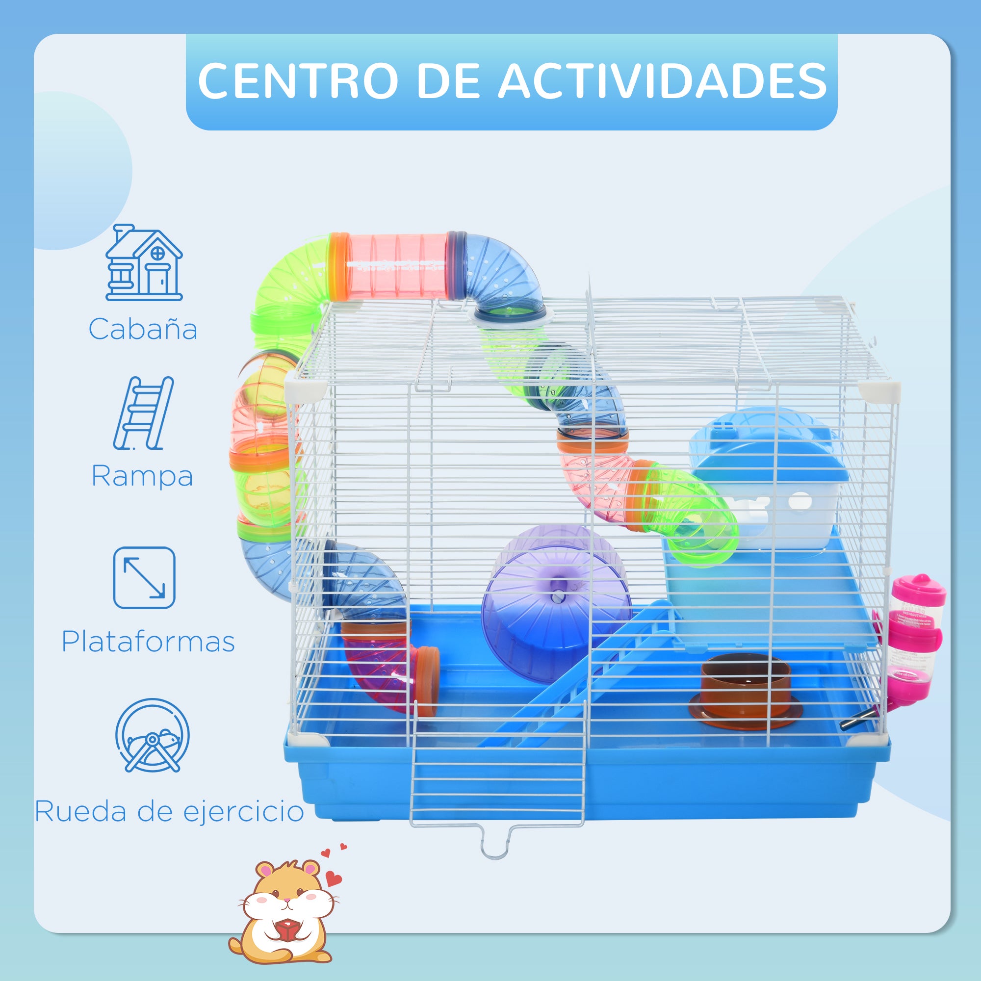 Hamster Cage 46x30x37 cm House for Hamster with Tubes Feeder Water Dispenser Ramp Exercise Wheel and Portable Handle for Indoor and Outdoor Blue and White