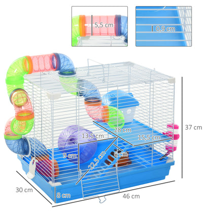 Hamster Cage 46x30x37 cm House for Hamster with Tubes Feeder Water Dispenser Ramp Exercise Wheel and Portable Handle for Indoor and Outdoor Blue and White