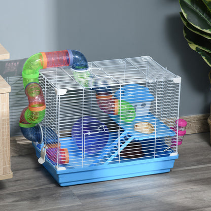 Hamster Cage 46x30x37 cm House for Hamster with Tubes Feeder Water Dispenser Ramp Exercise Wheel and Portable Handle for Indoor and Outdoor Blue and White