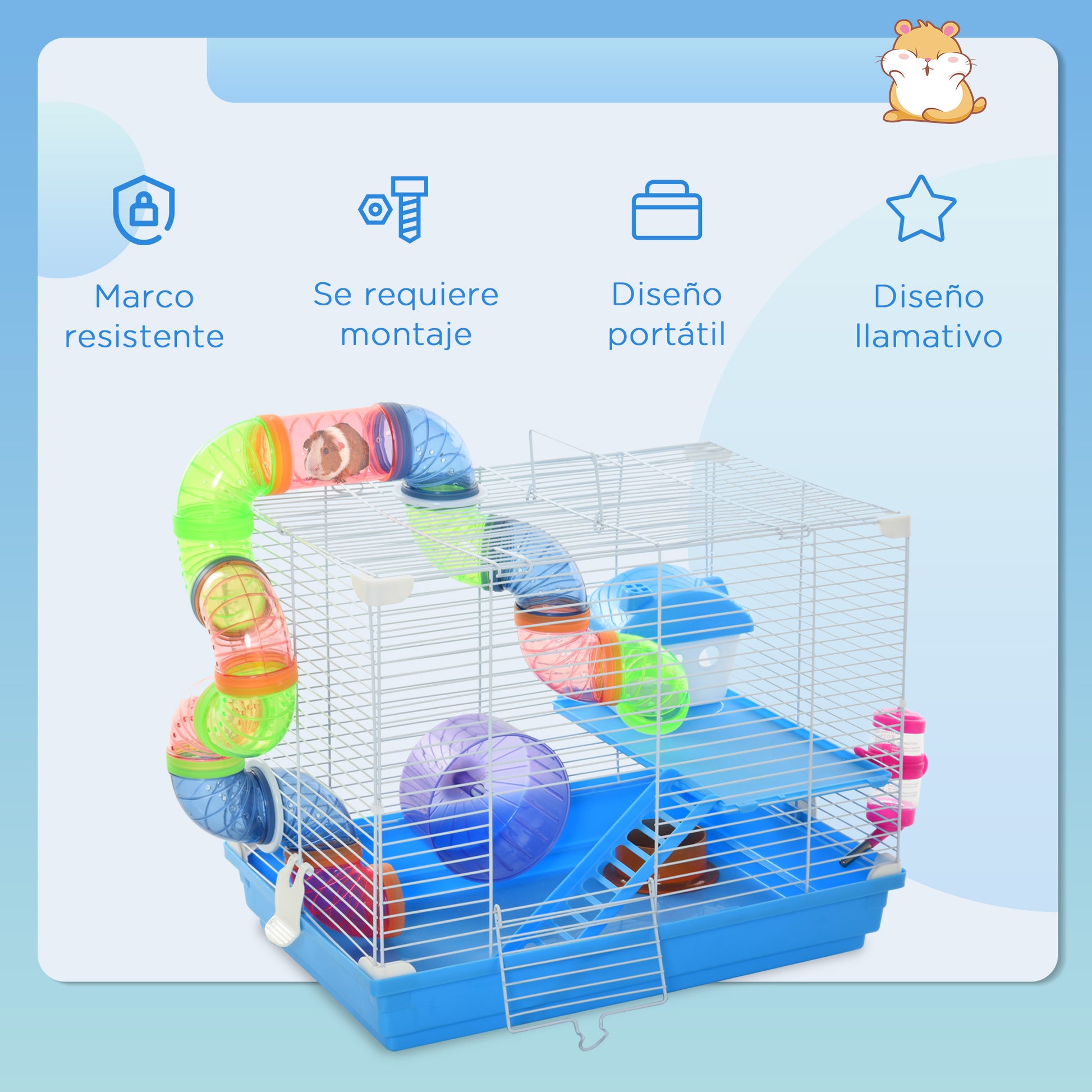 Hamster Cage 46x30x37 cm House for Hamster with Tubes Feeder Water Dispenser Ramp Exercise Wheel and Portable Handle for Indoor and Outdoor Blue and White