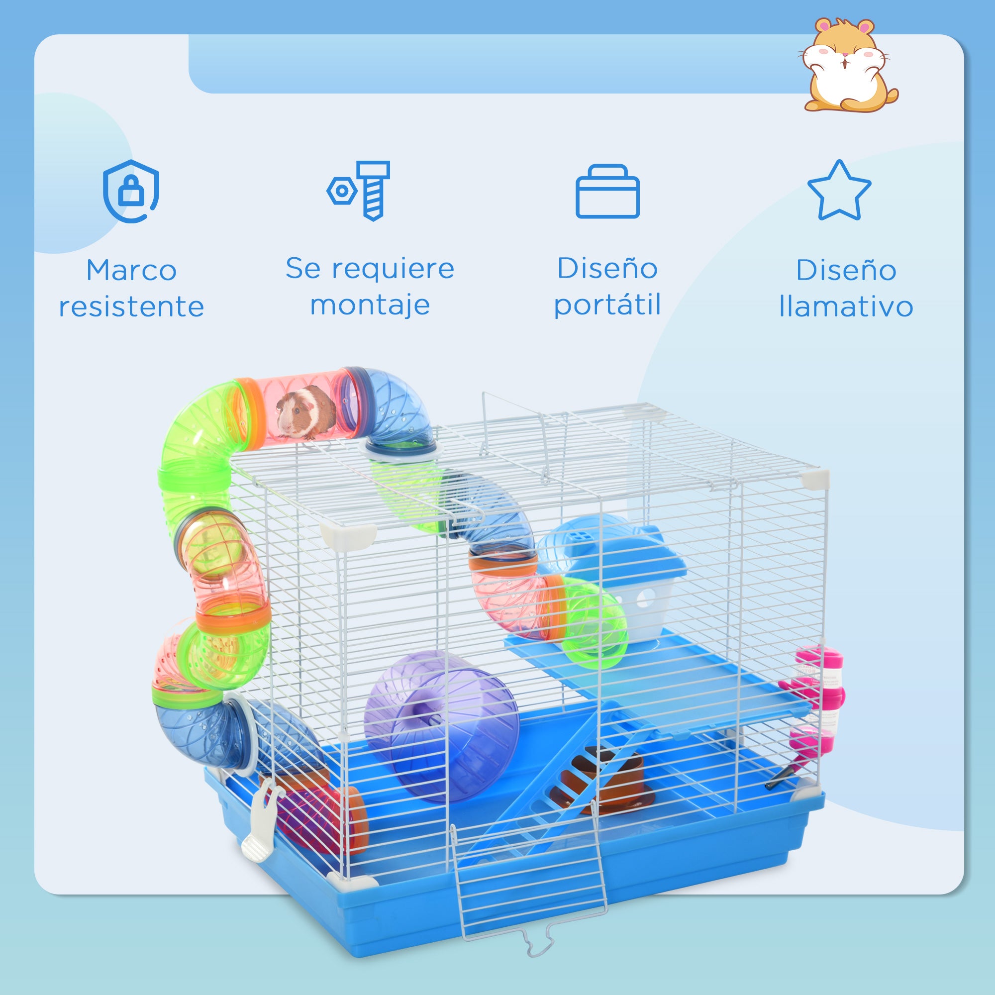 Hamster Cage 46x30x37 cm House for Hamster with Tubes Feeder Water Dispenser Ramp Exercise Wheel and Portable Handle for Indoor and Outdoor Blue and White