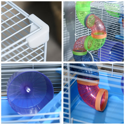 Hamster Cage 46x30x37 cm House for Hamster with Tubes Feeder Water Dispenser Ramp Exercise Wheel and Portable Handle for Indoor and Outdoor Blue and White