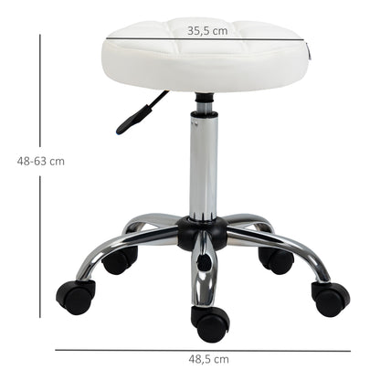 Rolling Stool Height Adjustable Work Stool, Swivel Salon Stool for Office Massage Faux Leather White Ø35.5 x 51-67 cm