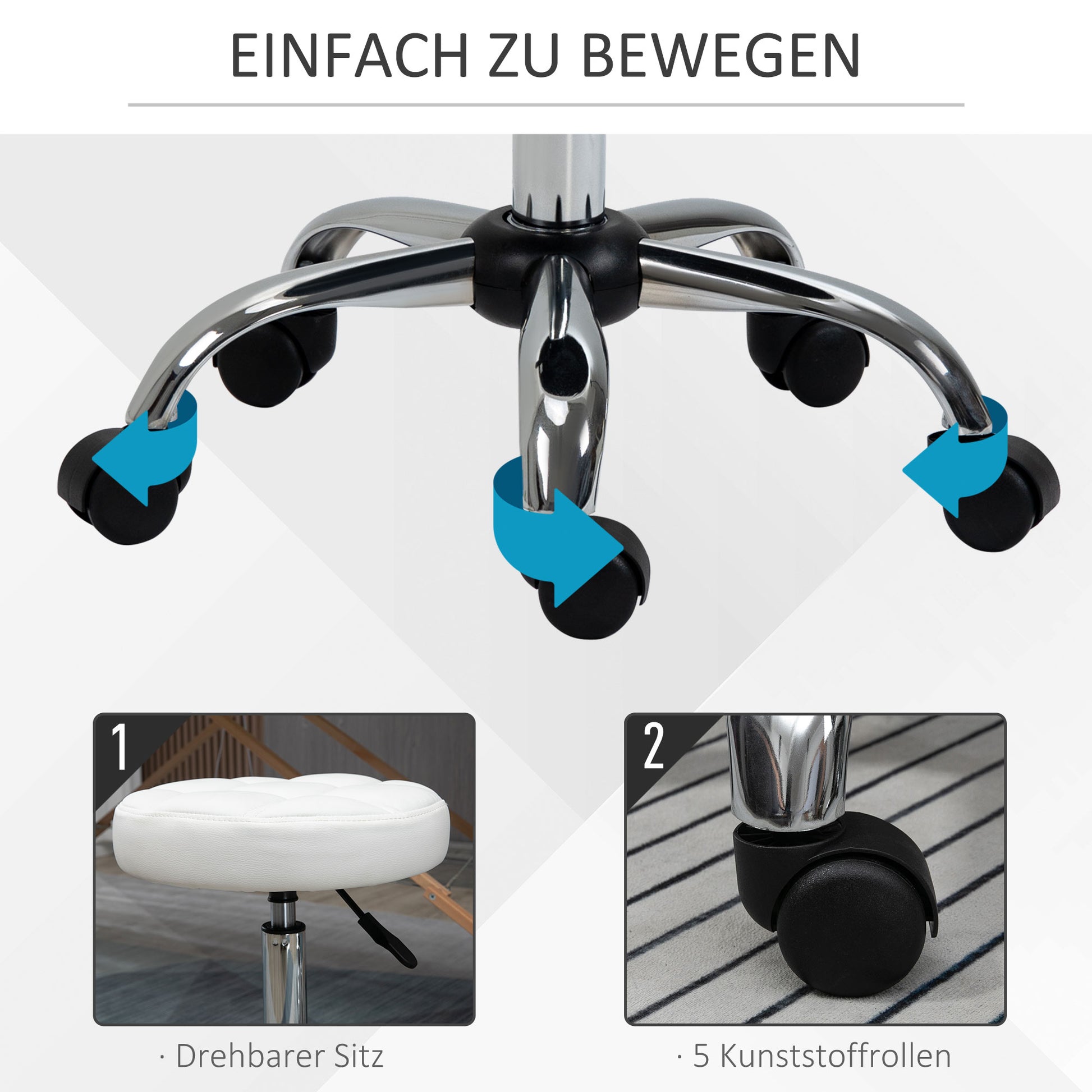 Rolling Stool Height Adjustable Work Stool, Swivel Salon Stool for Office Massage Faux Leather White Ø35.5 x 51-67 cm