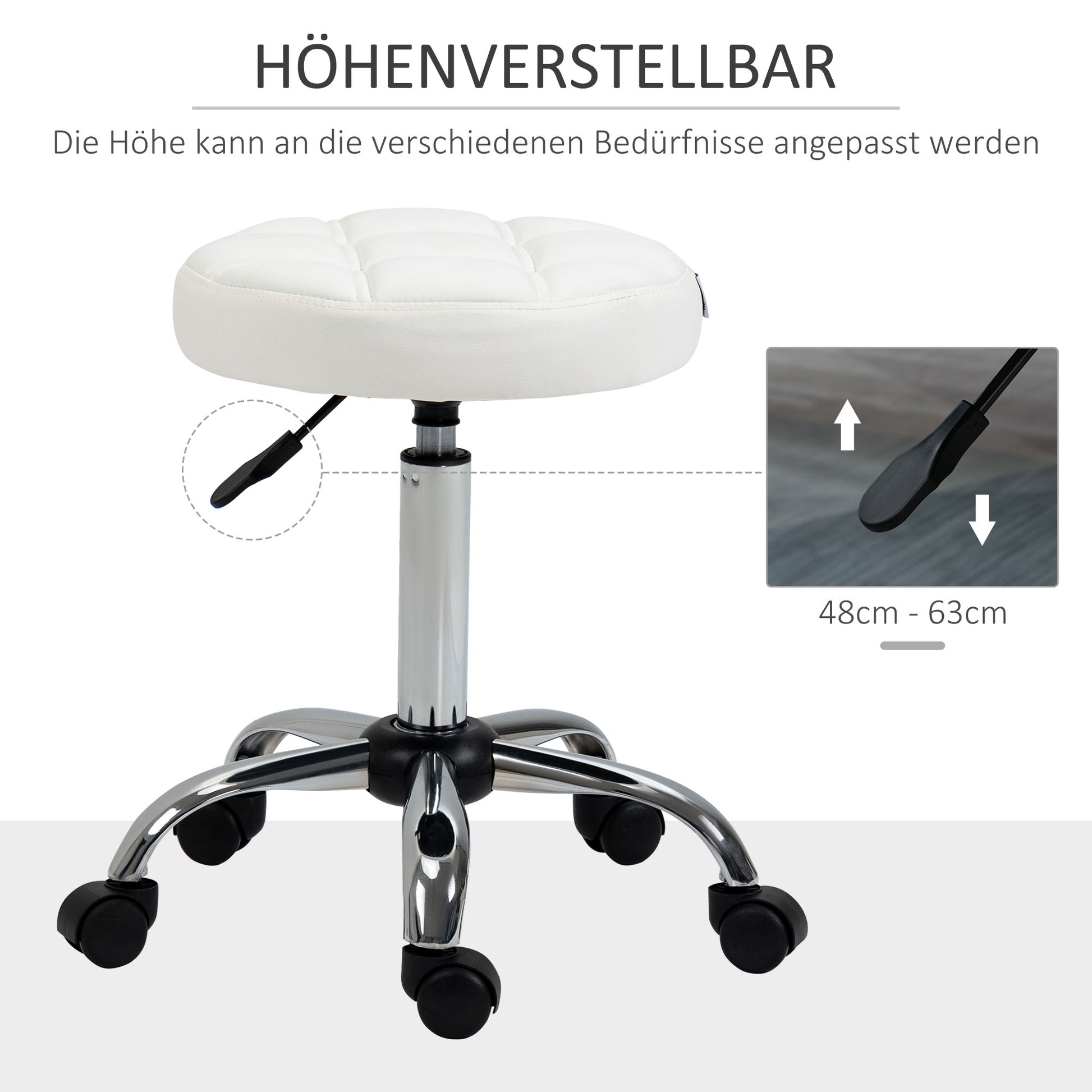 Rolling Stool Height Adjustable Work Stool, Swivel Salon Stool for Office Massage Faux Leather White Ø35.5 x 51-67 cm