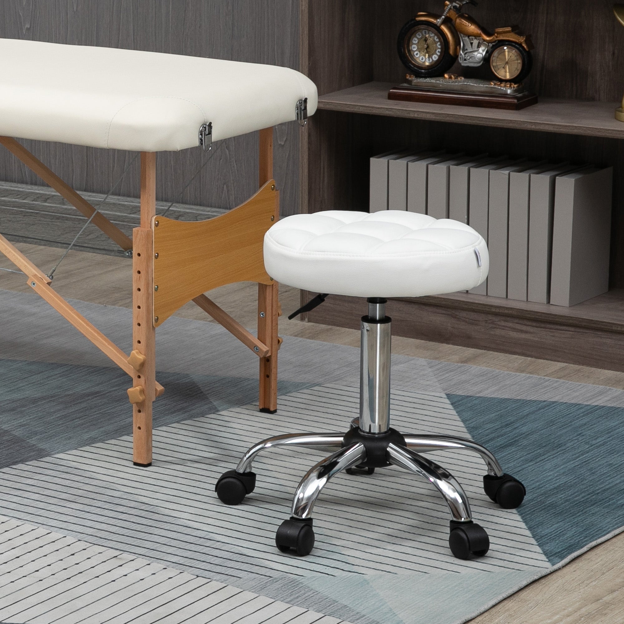 Rolling Stool Height Adjustable Work Stool, Swivel Salon Stool for Office Massage Faux Leather White Ø35.5 x 51-67 cm
