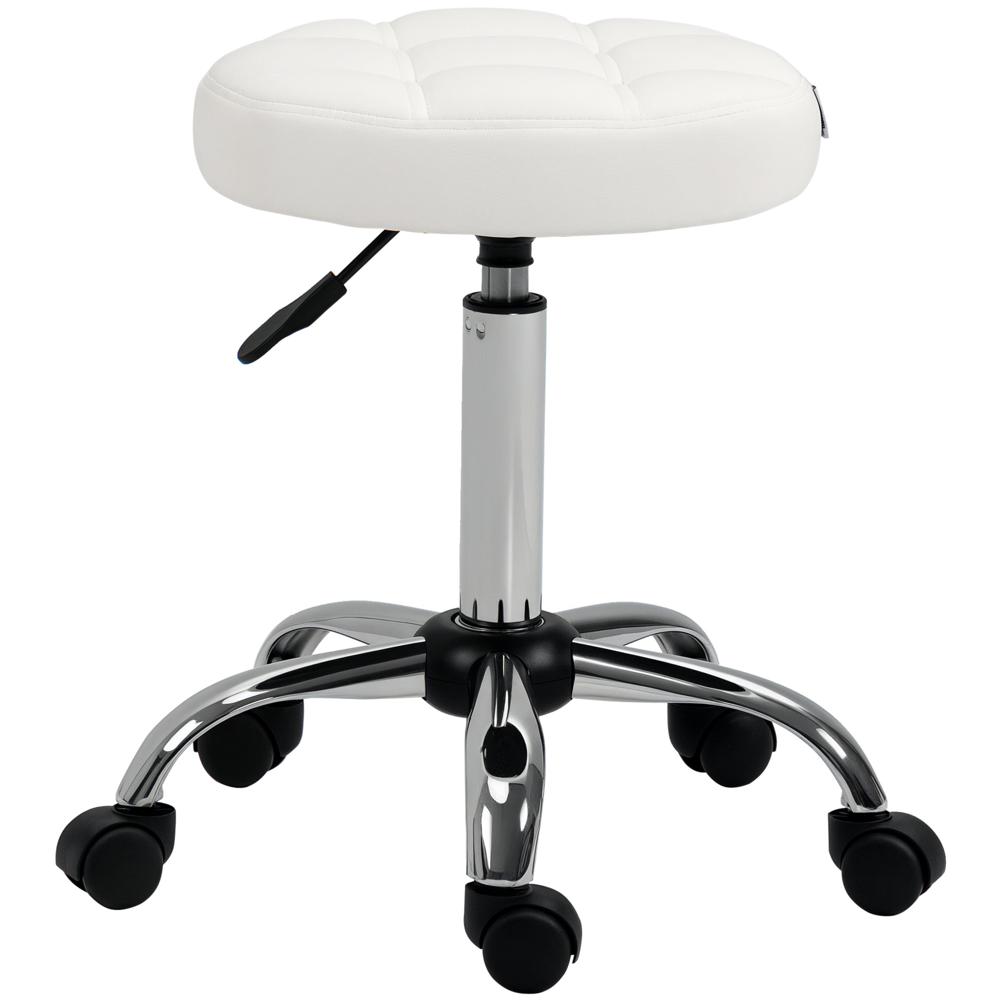 Rolling Stool Height Adjustable Work Stool, Swivel Salon Stool for Office Massage Faux Leather White Ø35.5 x 51-67 cm