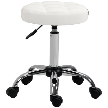 Rolling Stool Height Adjustable Work Stool, Swivel Salon Stool for Office Massage Faux Leather White Ø35.5 x 51-67 cm