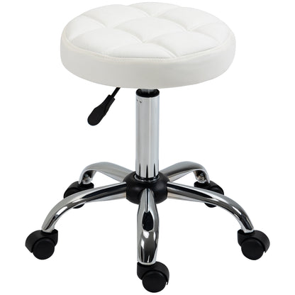 Rolling Stool Height Adjustable Work Stool, Swivel Salon Stool for Office Massage Faux Leather White Ø35.5 x 51-67 cm