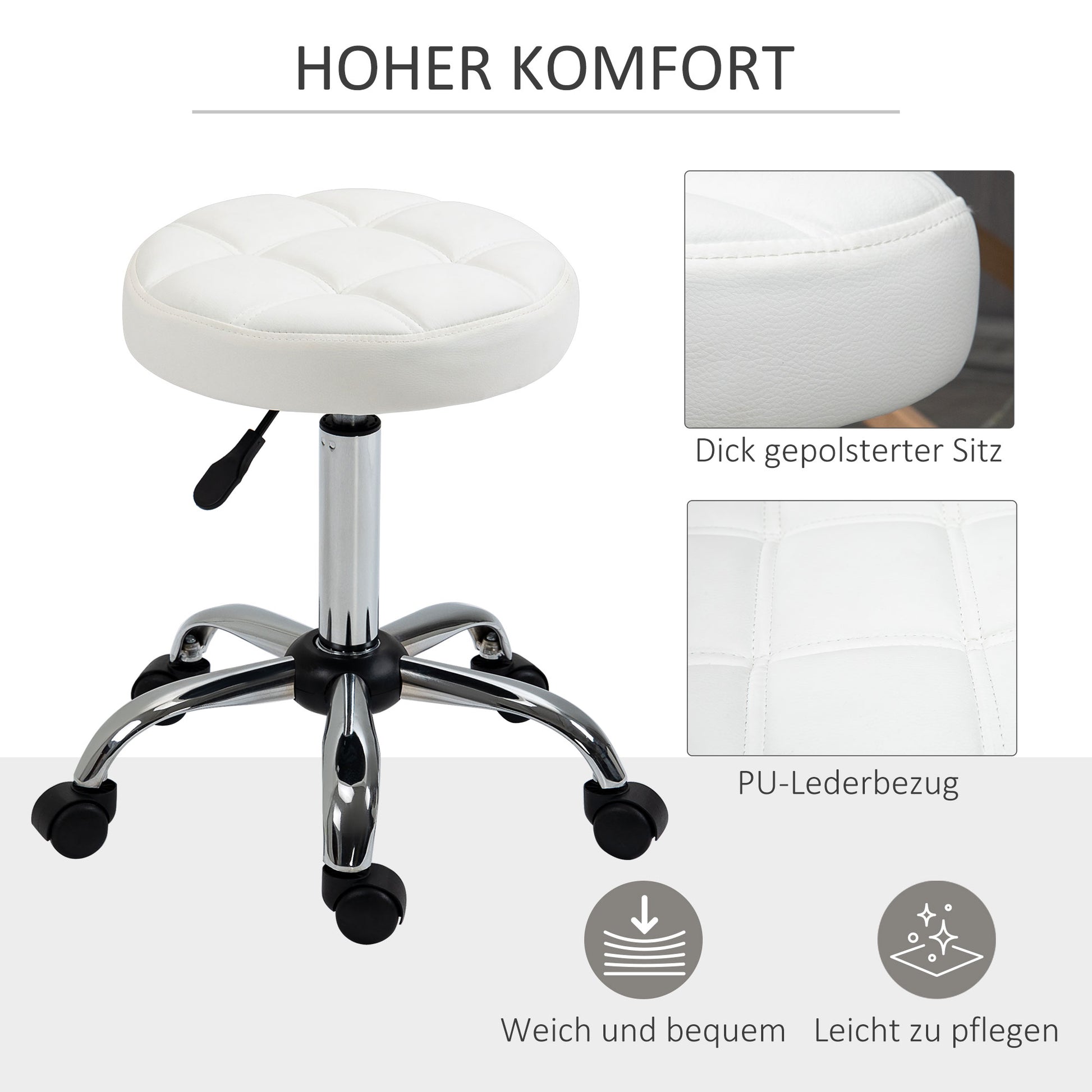 Rolling Stool Height Adjustable Work Stool, Swivel Salon Stool for Office Massage Faux Leather White Ø35.5 x 51-67 cm