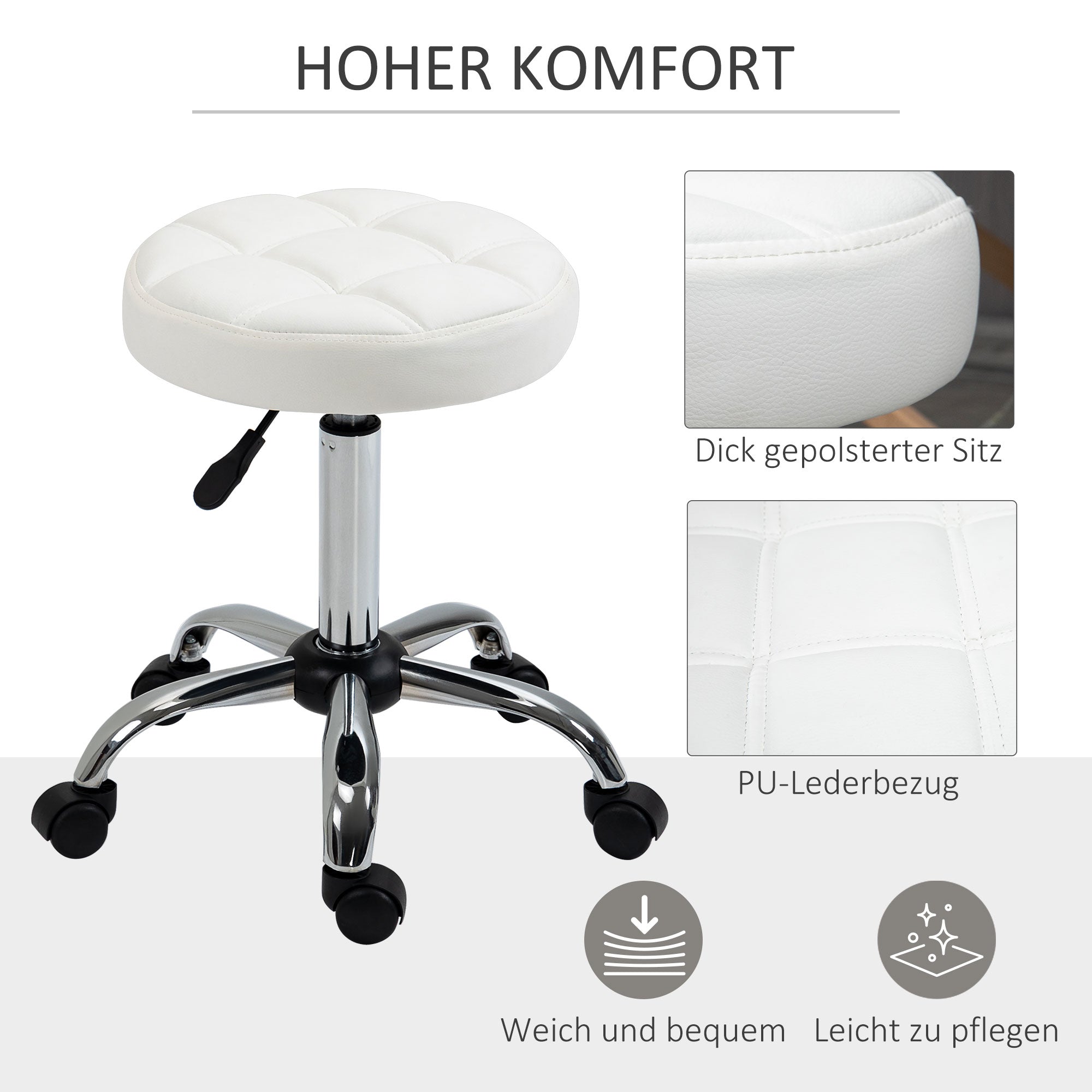 Rolling Stool Height Adjustable Work Stool, Swivel Salon Stool for Office Massage Faux Leather White Ø35.5 x 51-67 cm