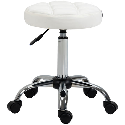 Rolling Stool Height Adjustable Work Stool, Swivel Salon Stool for Office Massage Faux Leather White Ø35.5 x 51-67 cm