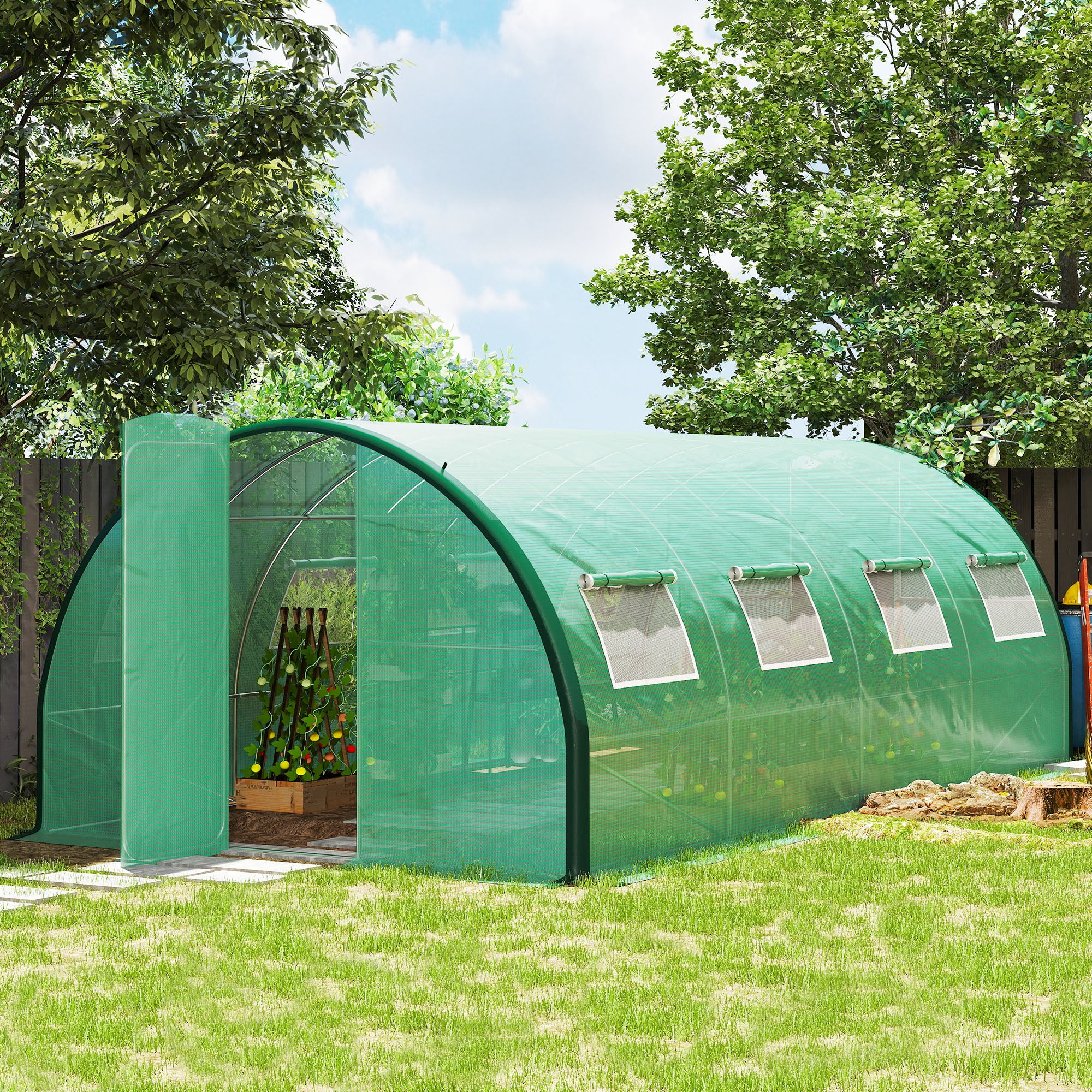 Garden Tunnel Greenhouse, Tunnel Greenhouse 18 m², with 8 windows and 2 hinged doors, PE cover, structure made of galvanized iron, 6 x 3 x 2 m, green