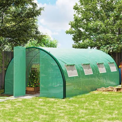 Garden Tunnel Greenhouse, Tunnel Greenhouse 18 m², with 8 windows and 2 hinged doors, PE cover, structure made of galvanized iron, 6 x 3 x 2 m, green
