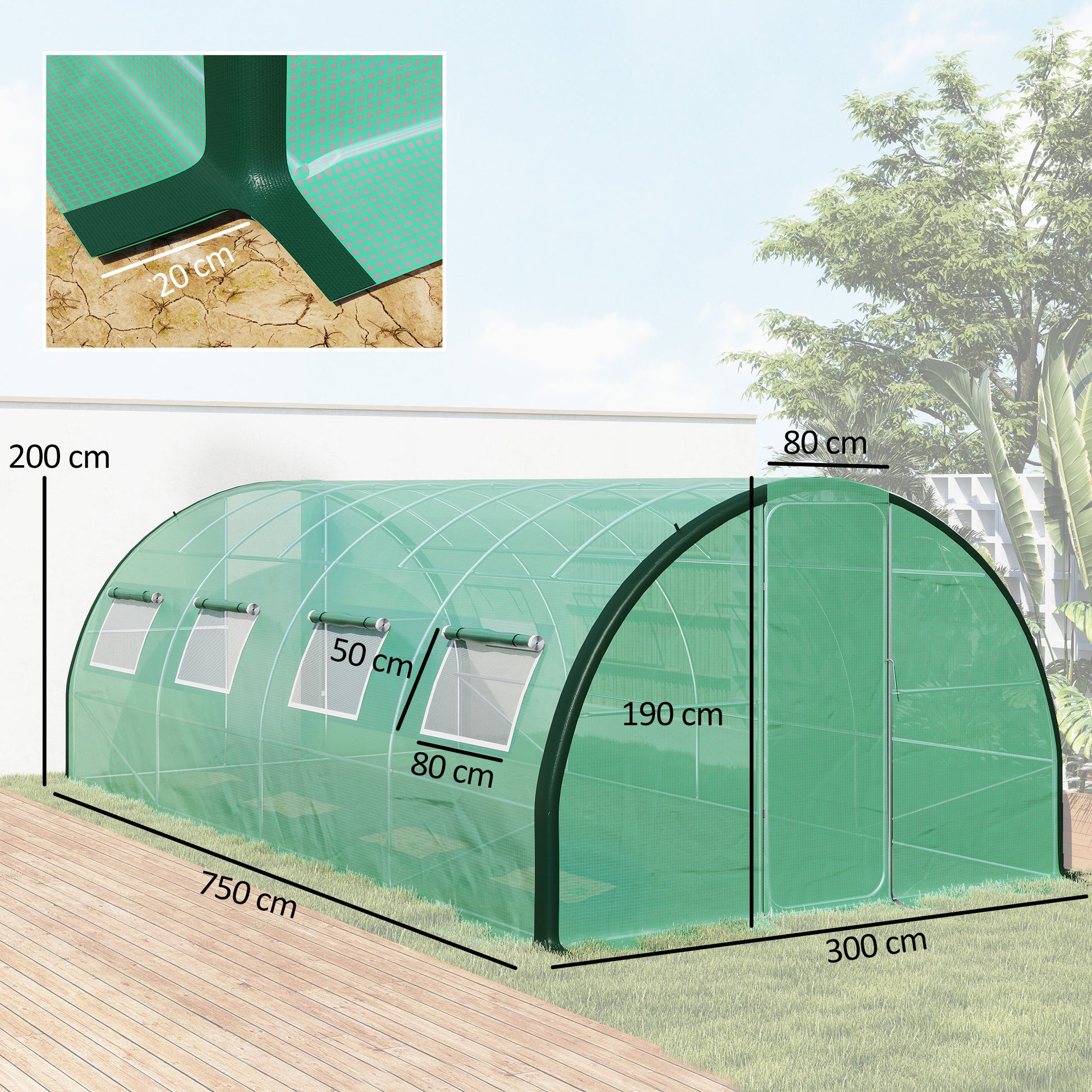 Garden Tunnel Greenhouse, Tunnel Greenhouse 18 m², with 8 windows and 2 hinged doors, PE cover, structure made of galvanized iron, 6 x 3 x 2 m, green
