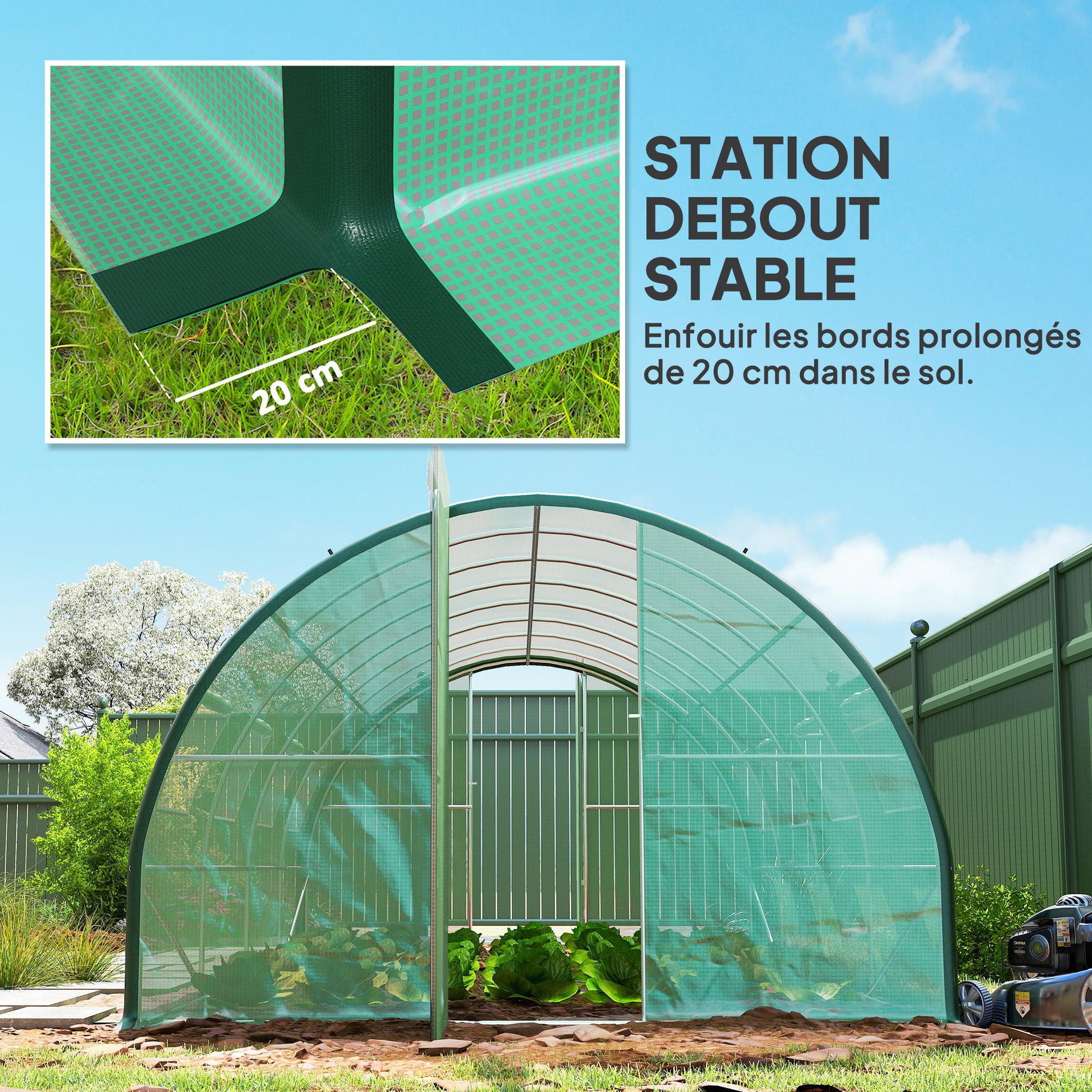 Garden Tunnel Greenhouse, Tunnel Greenhouse 18 m², with 8 windows and 2 hinged doors, PE cover, structure made of galvanized iron, 6 x 3 x 2 m, green