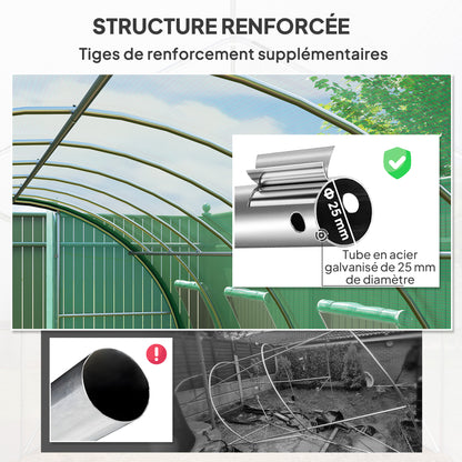 Garden Tunnel Greenhouse, Tunnel Greenhouse 18 m², with 8 windows and 2 hinged doors, PE cover, structure made of galvanized iron, 6 x 3 x 2 m, green