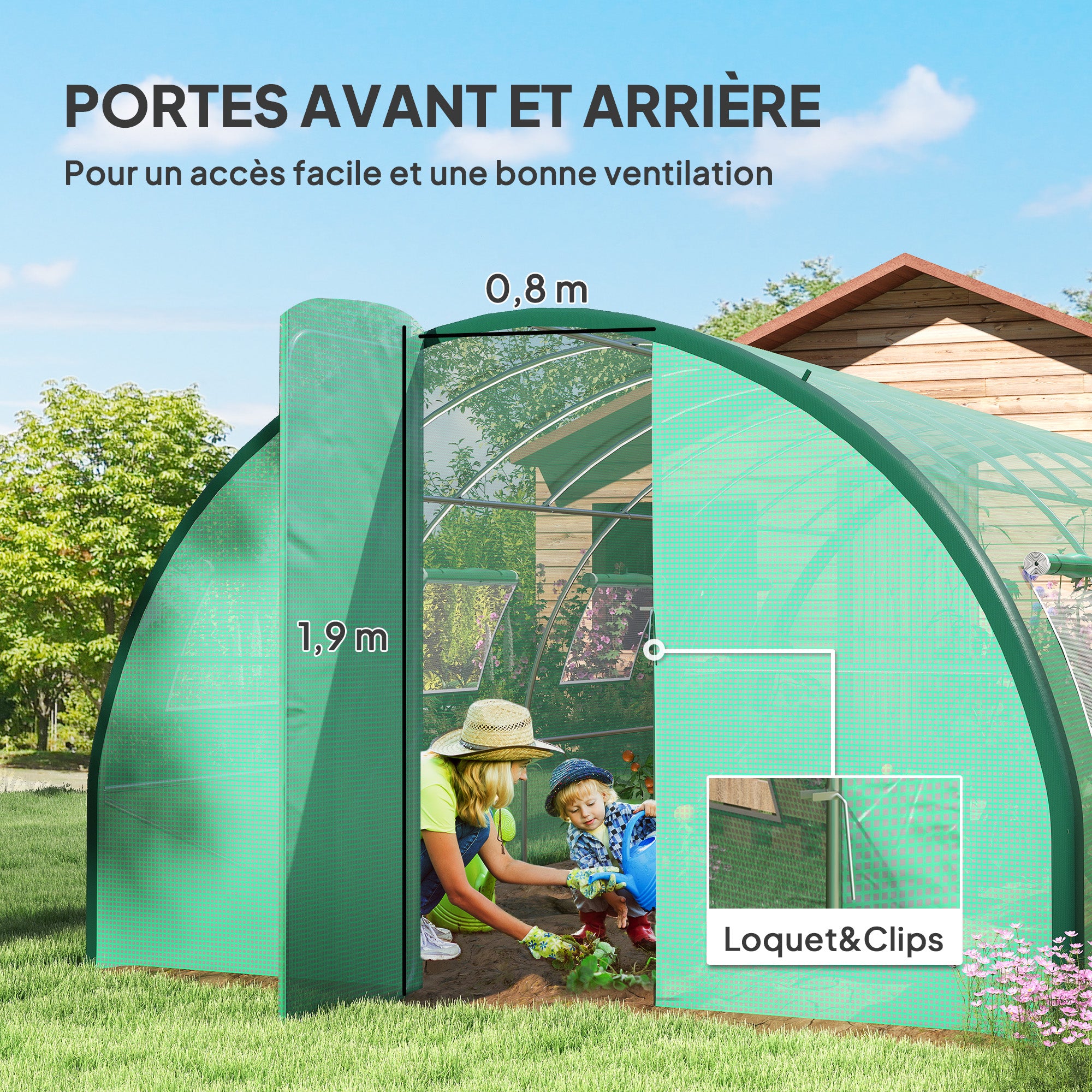 Garden Tunnel Greenhouse, Tunnel Greenhouse 18 m², with 8 windows and 2 hinged doors, PE cover, structure made of galvanized iron, 6 x 3 x 2 m, green