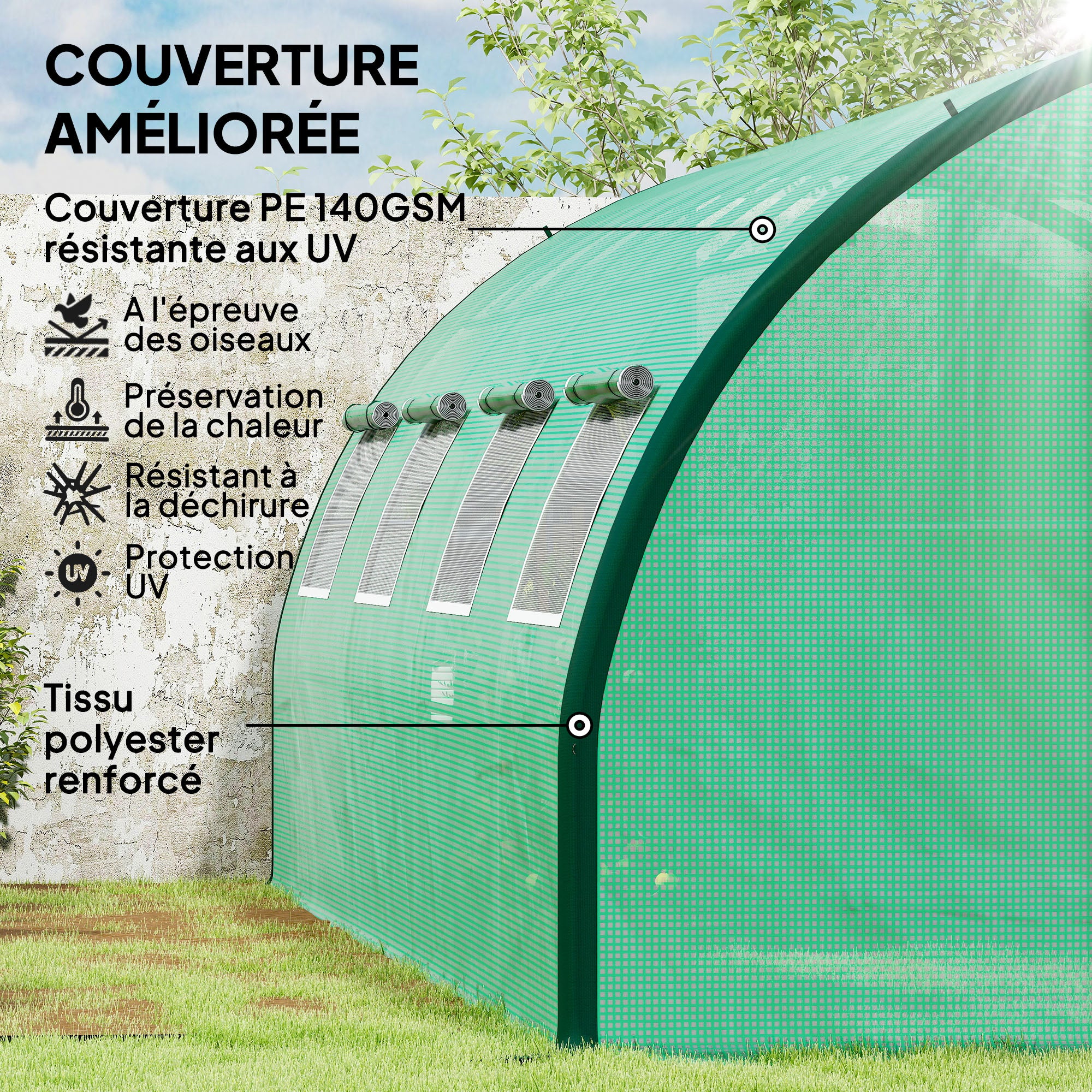 Garden Tunnel Greenhouse, Tunnel Greenhouse 18 m², with 8 windows and 2 hinged doors, PE cover, structure made of galvanized iron, 6 x 3 x 2 m, green