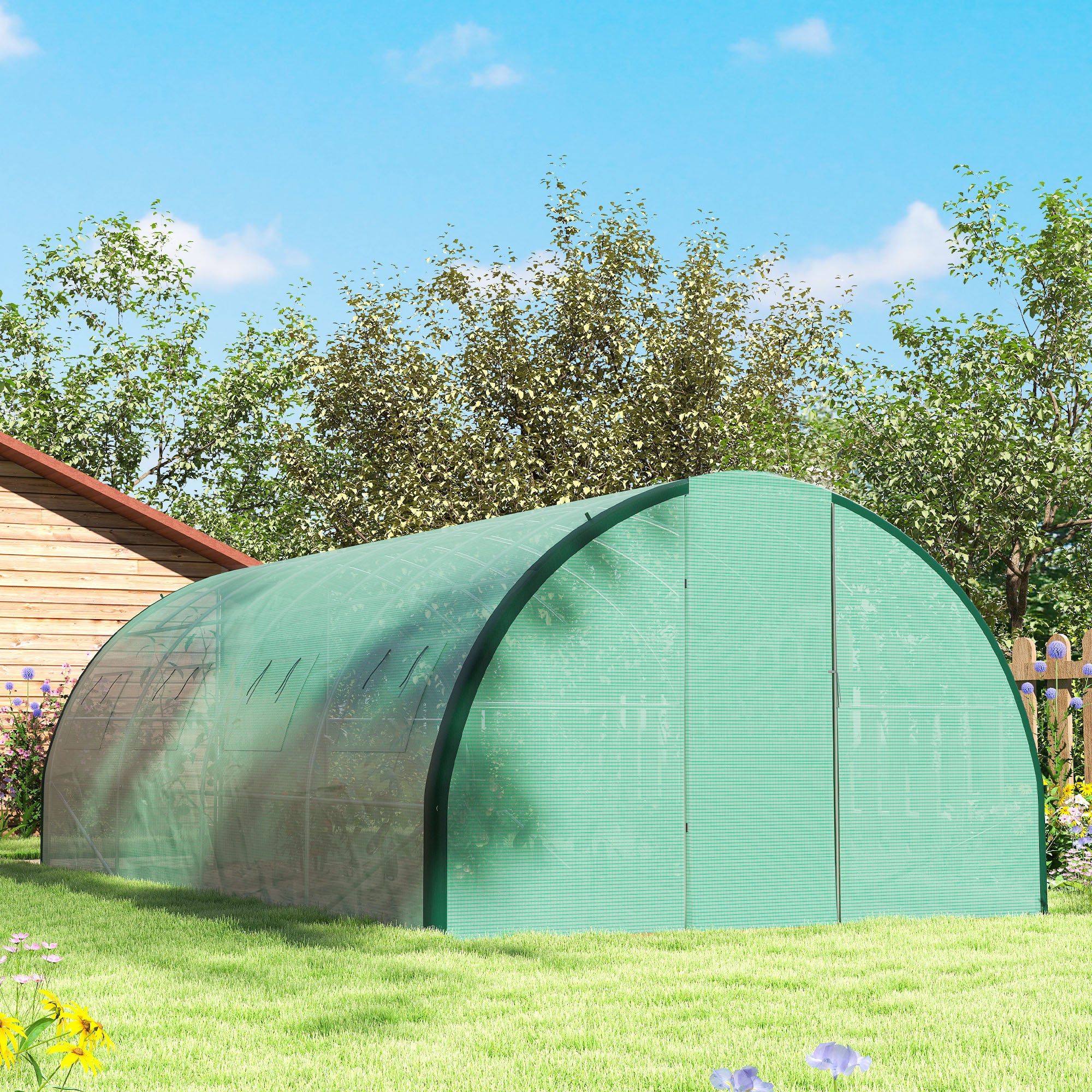 Garden Tunnel Greenhouse, Tunnel Greenhouse 18 m², with 8 windows and 2 hinged doors, PE cover, structure made of galvanized iron, 6 x 3 x 2 m, green
