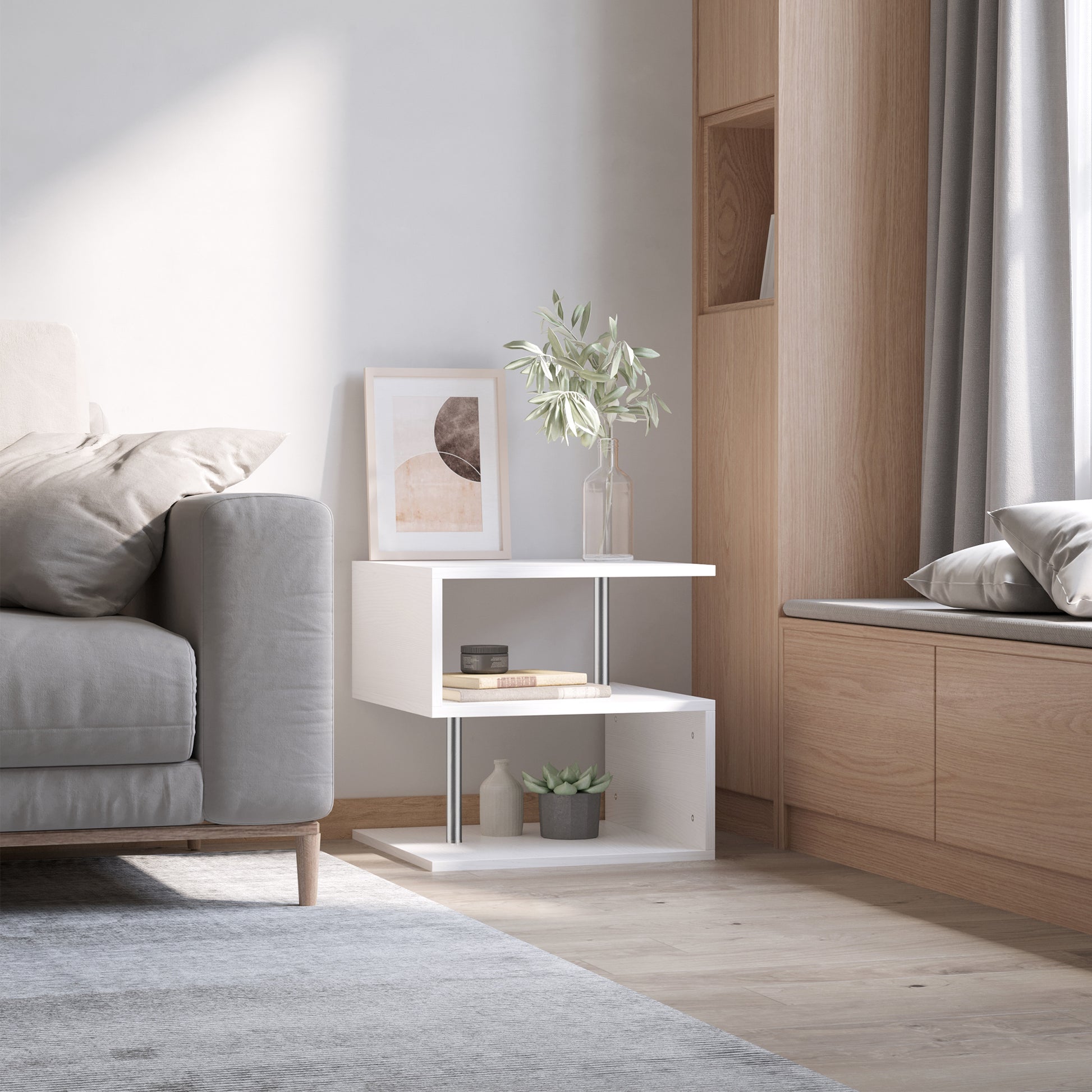 Side Table Small Side Table Sofa Table with S Shape Open Compartment Modern Design 50x50x50 cm White