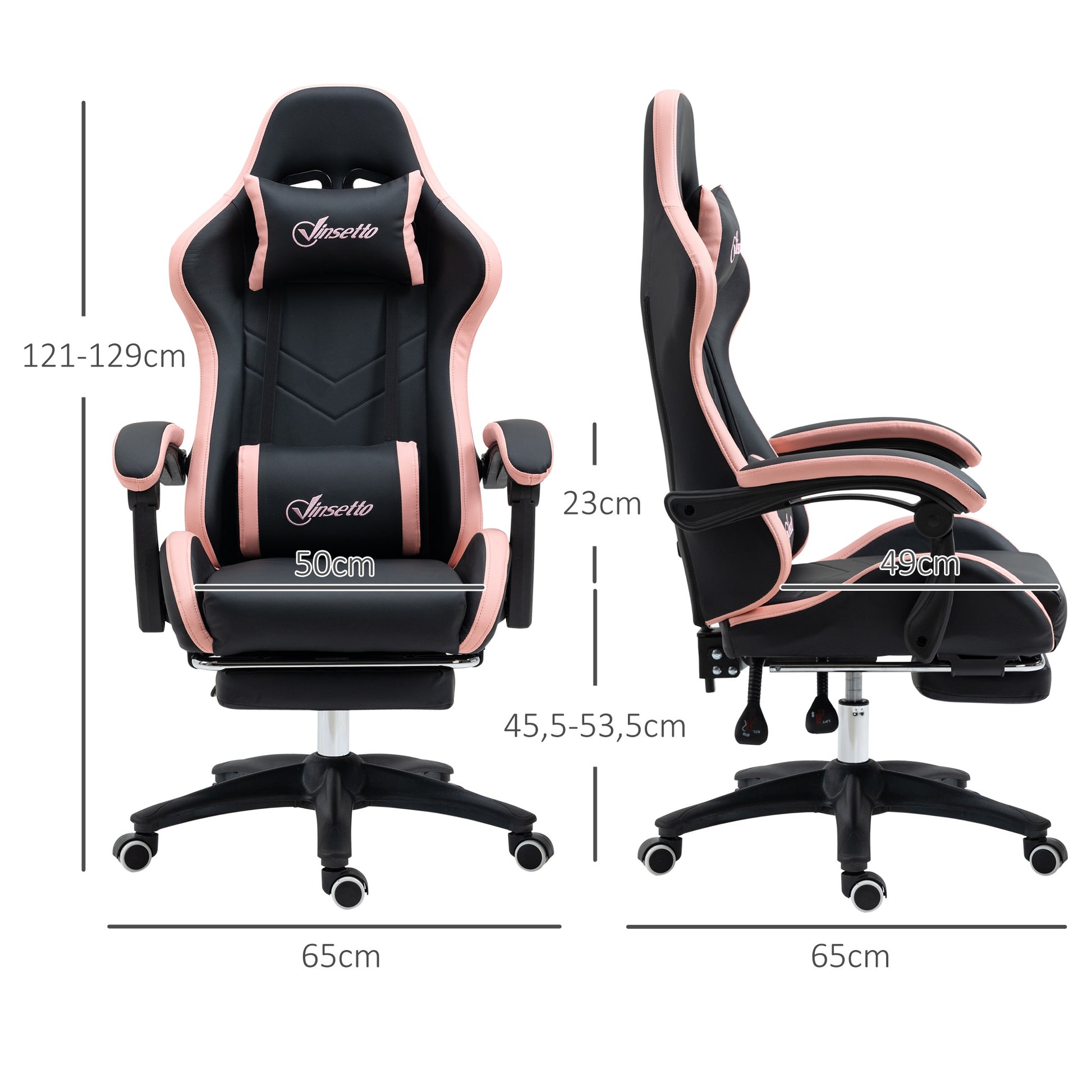 Gaming Chair Racing Gamer Chair PU Leather with Adjustable Height Reclining 135° Headrest Lumbar Support and Retractable Footrest for Office Study 65x65x121-129 cm Black