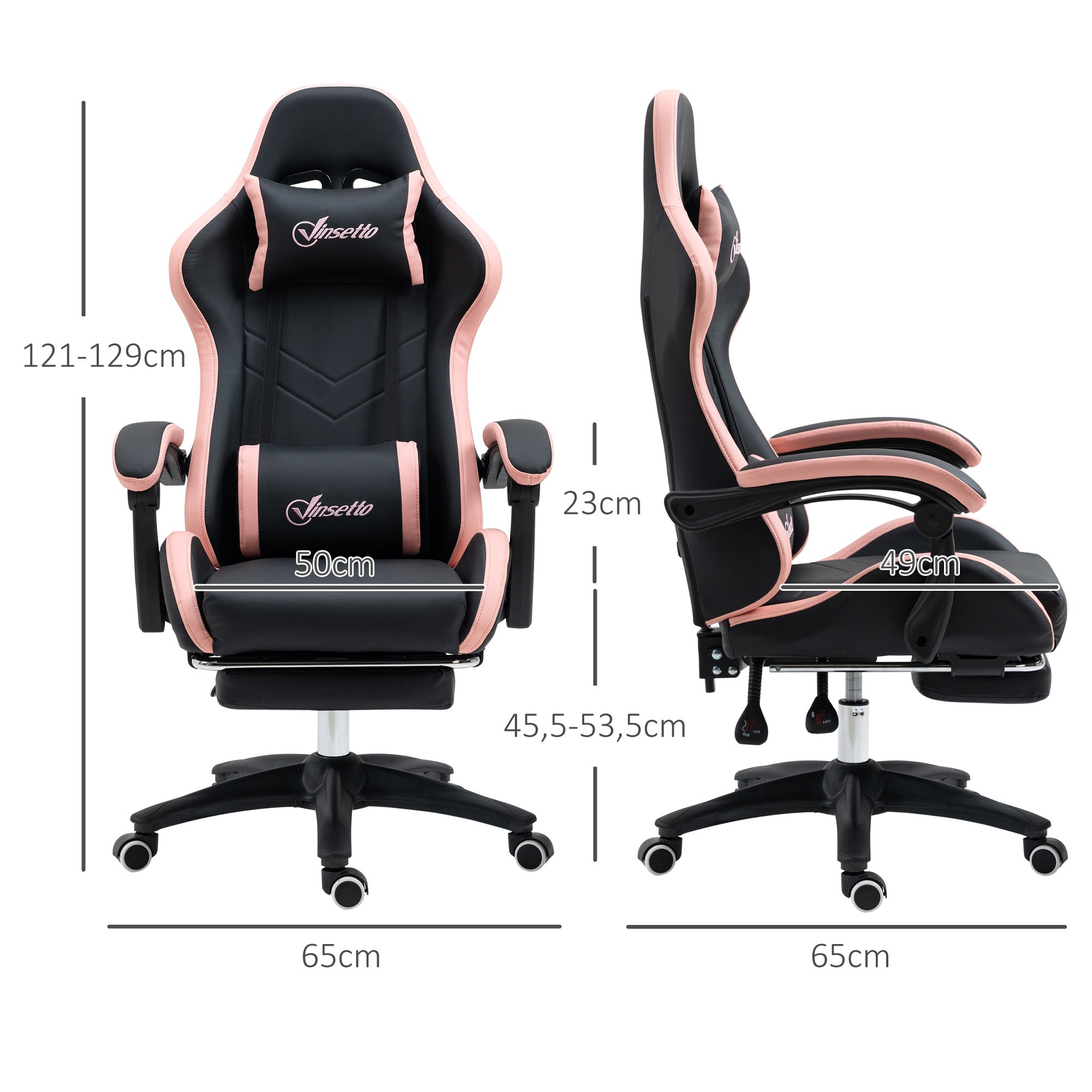 Gaming Chair Racing Gamer Chair PU Leather with Adjustable Height Reclining 135° Headrest Lumbar Support and Retractable Footrest for Office Study 65x65x121-129 cm Black