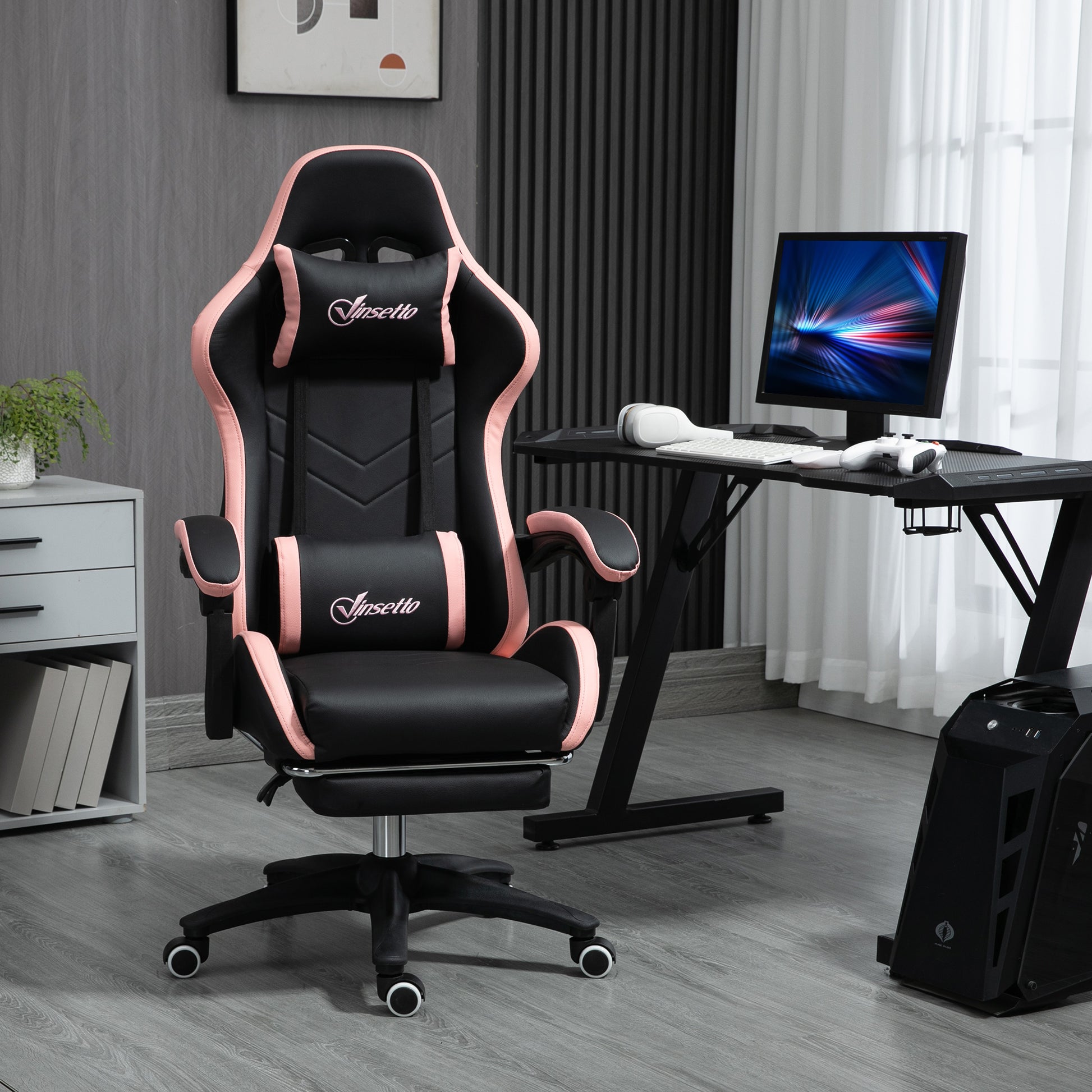 Gaming Chair Racing Gamer Chair PU Leather with Adjustable Height Reclining 135° Headrest Lumbar Support and Retractable Footrest for Office Study 65x65x121-129 cm Black