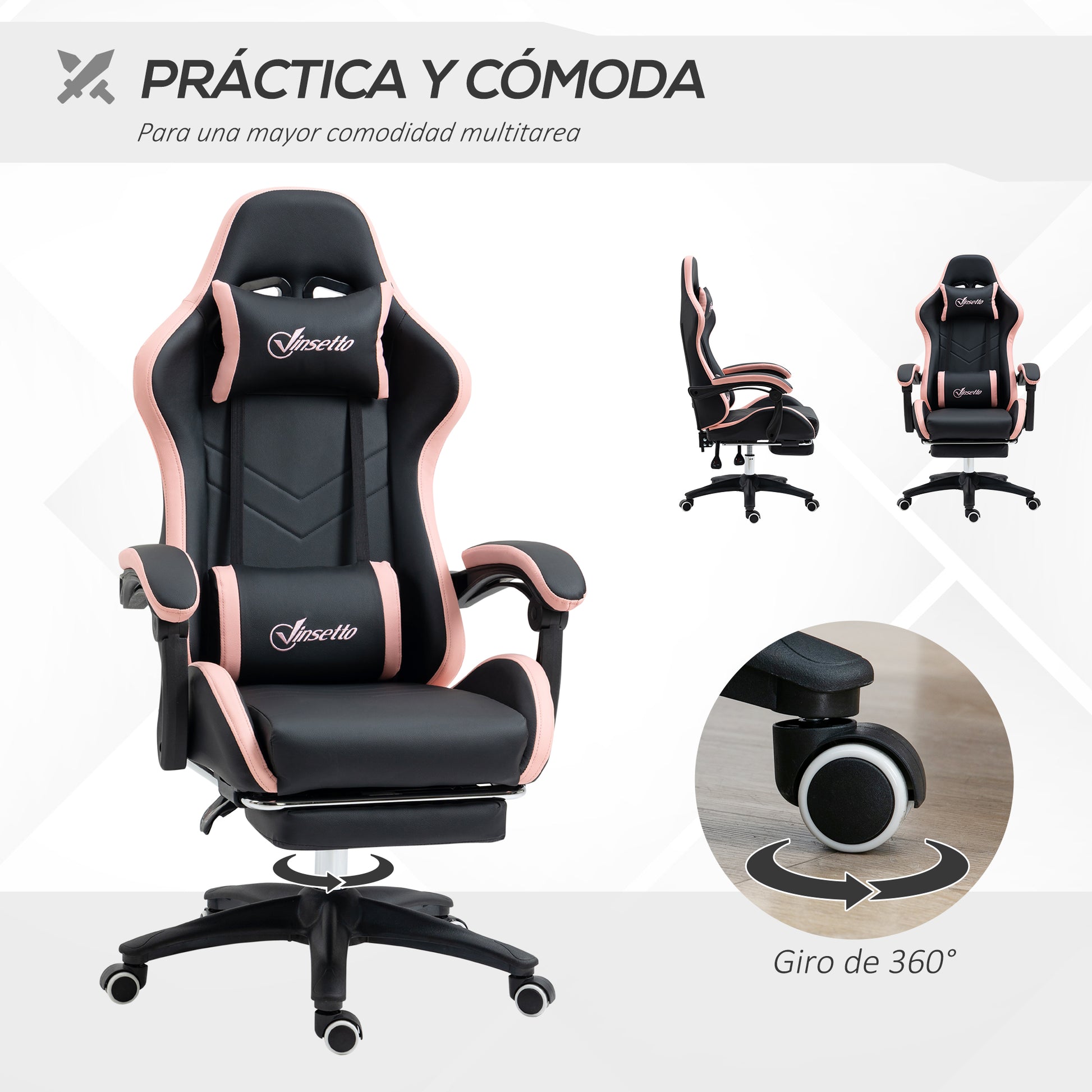 Gaming Chair Racing Gamer Chair PU Leather with Adjustable Height Reclining 135° Headrest Lumbar Support and Retractable Footrest for Office Study 65x65x121-129 cm Black