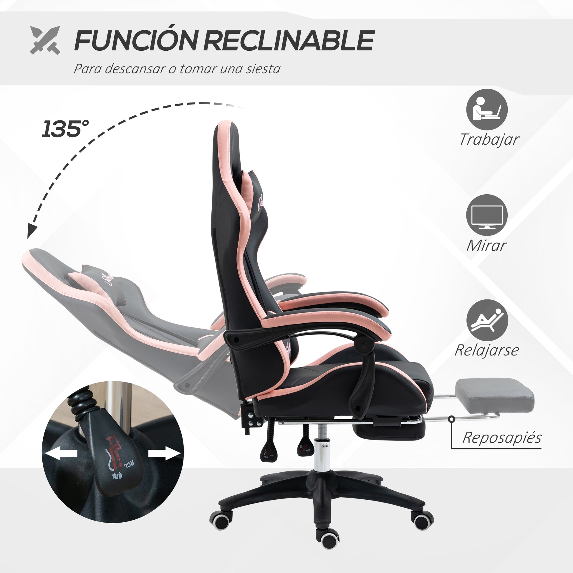 Gaming Chair Racing Gamer Chair PU Leather with Adjustable Height Reclining 135° Headrest Lumbar Support and Retractable Footrest for Office Study 65x65x121-129 cm Black