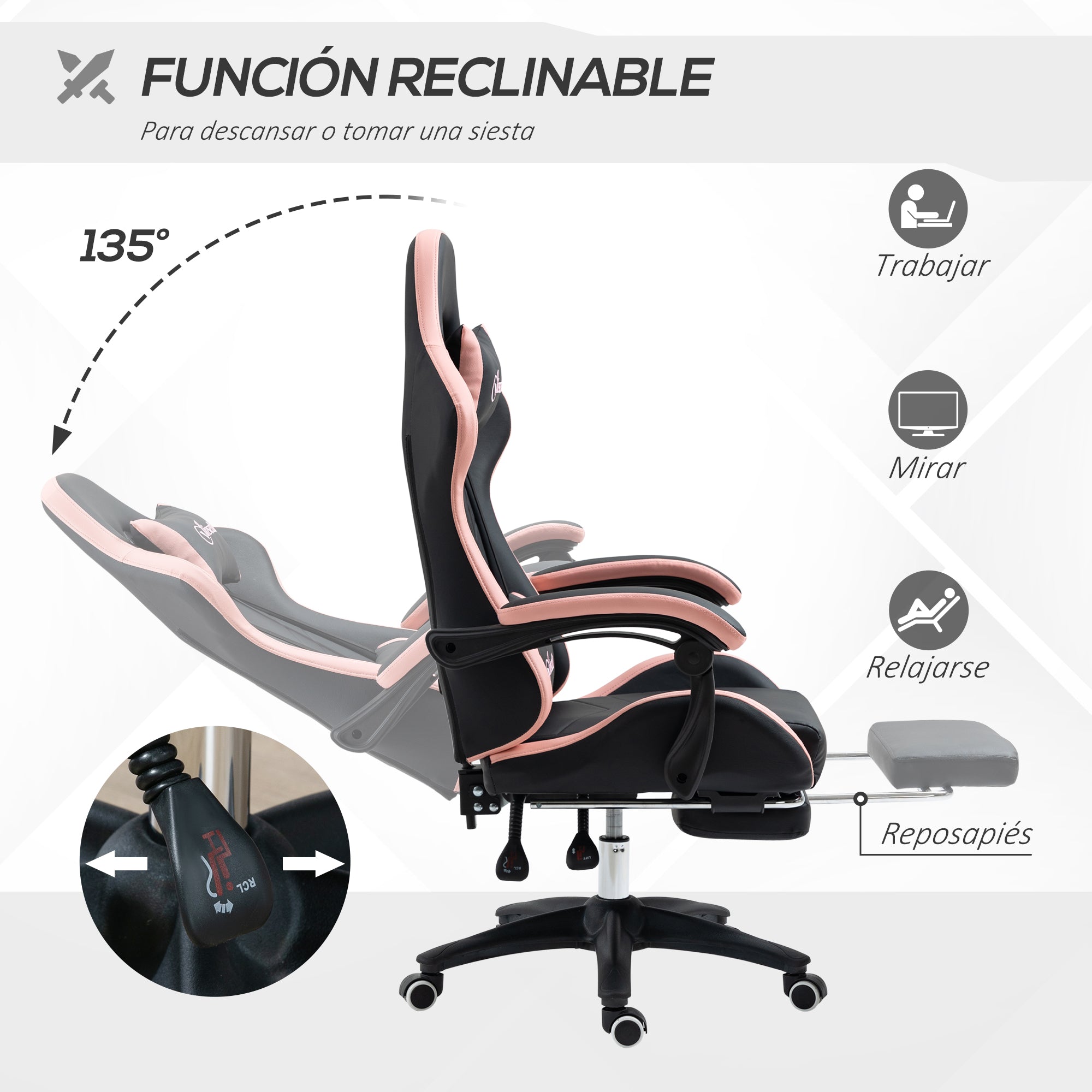Gaming Chair Racing Gamer Chair PU Leather with Adjustable Height Reclining 135° Headrest Lumbar Support and Retractable Footrest for Office Study 65x65x121-129 cm Black