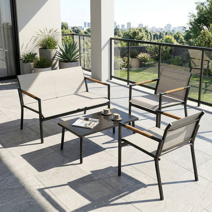 4-Piece Outdoor Patio Set — 2-Seat Sofa, 2 Armchairs & Metal-Top Table, Breathable Seats, Cream