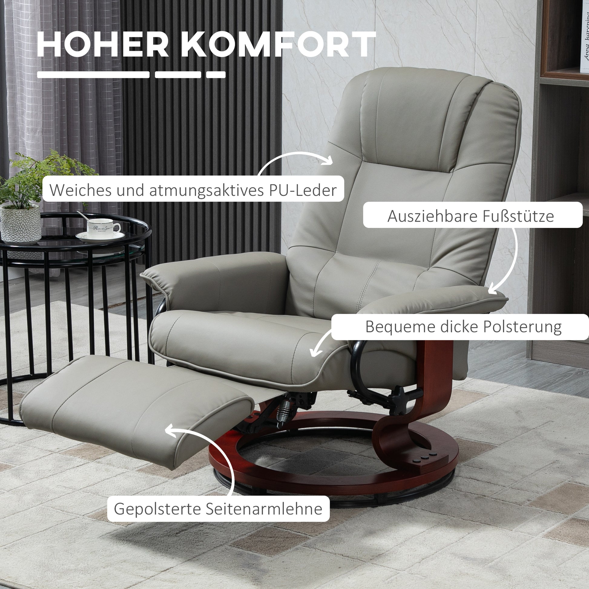 Recliner Swivel TV Chair with Reclining Function, Footrest, Reclining Armchair with Armrest, Wooden Legs for Living Room, Bedroom, Faux Leather, Gray