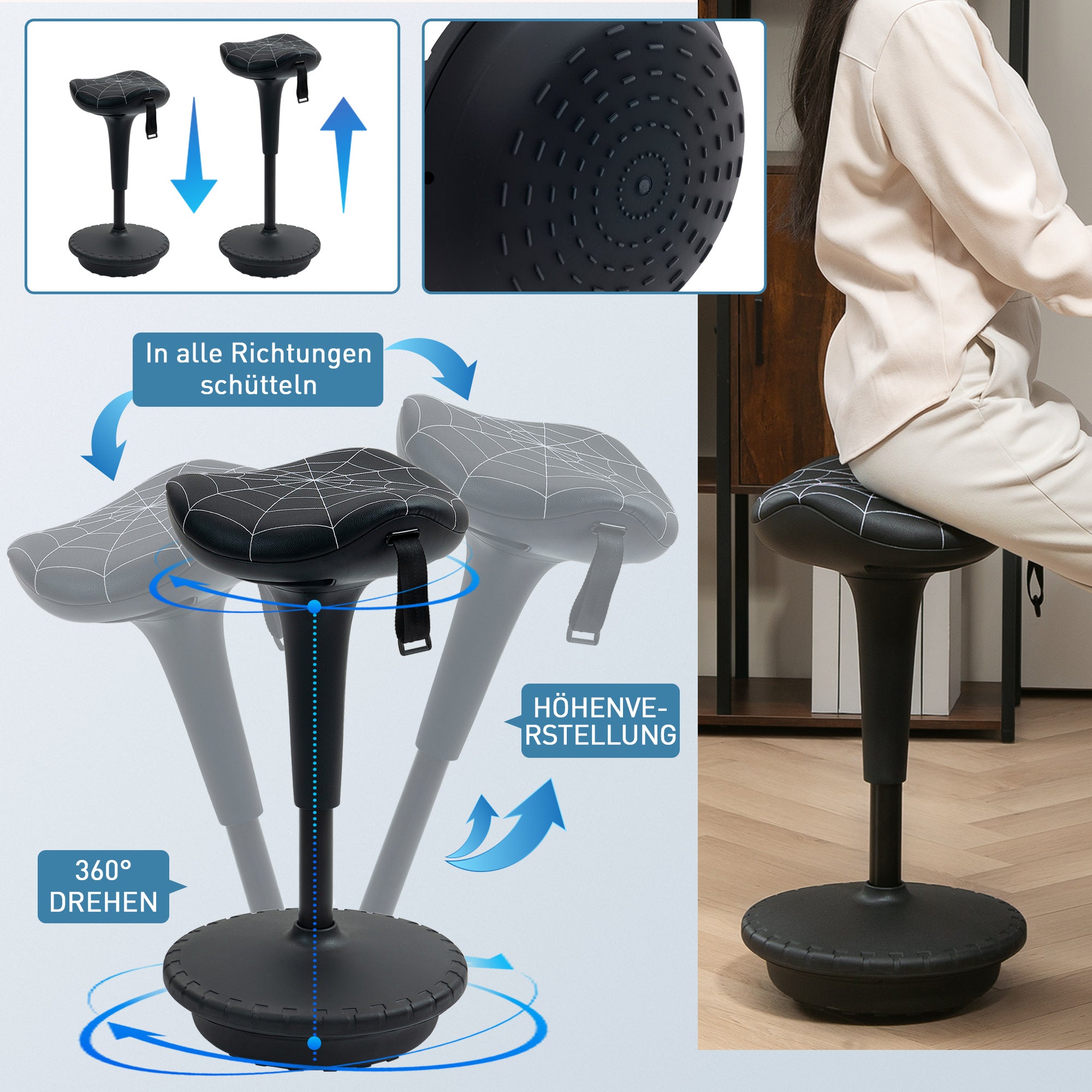 Ergonomic Swivel Saddle Stool — Height-Adjustable 25.8–32.9 in, 120° Tilt, Non-Slip Base, Black