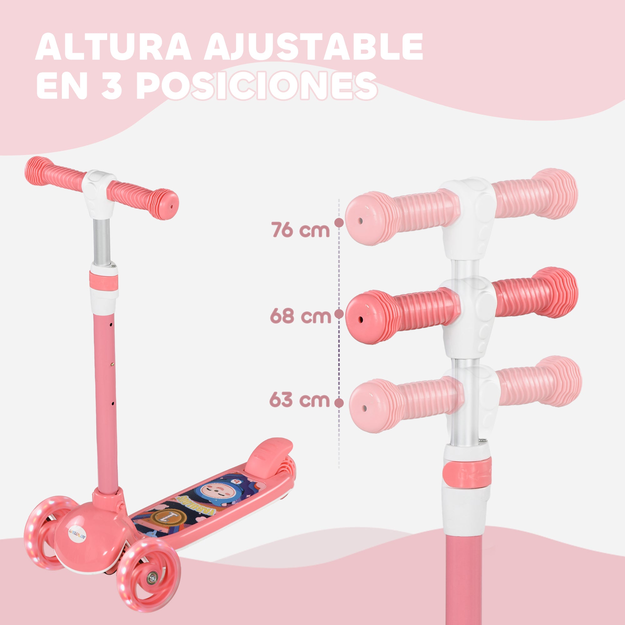 Children's Scooter for 2-6 Years Kids Kids Scooter with 3 Wheels LED Lights Adjustable Height Load 25 kg 52x29x63-76 cm Pink