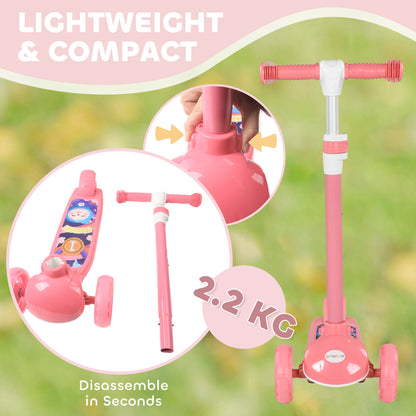 Children's Scooter for 2-6 Years Kids Kids Scooter with 3 Wheels LED Lights Adjustable Height Load 25 kg 52x29x63-76 cm Pink