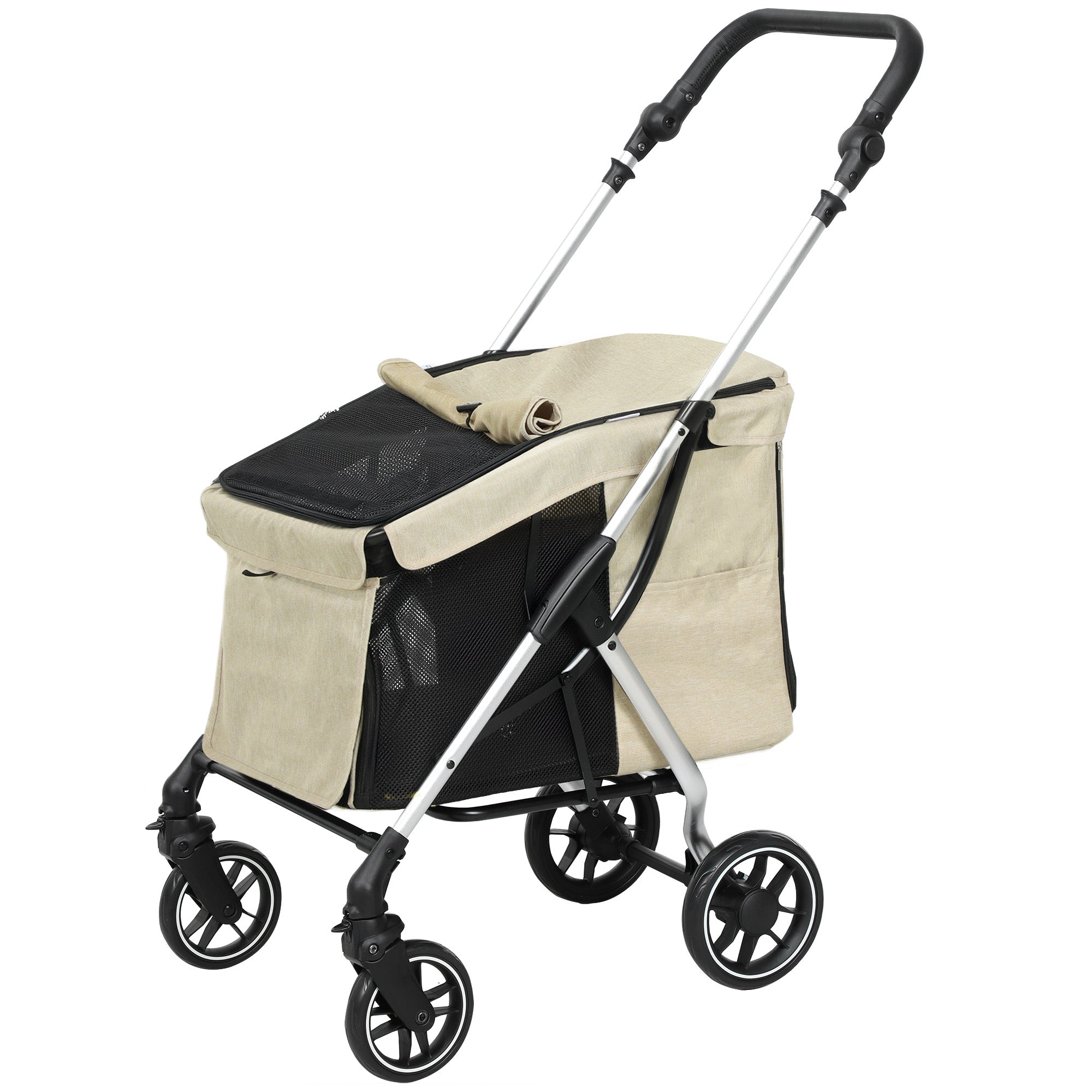 Dog Carriage Lightweight Dog Buggy Made of Aluminum Foldable for Dogs & Cats Cat Buggy with Cushion Mesh Windows Doors Storage Basket Cat Carriage Buggy Khaki