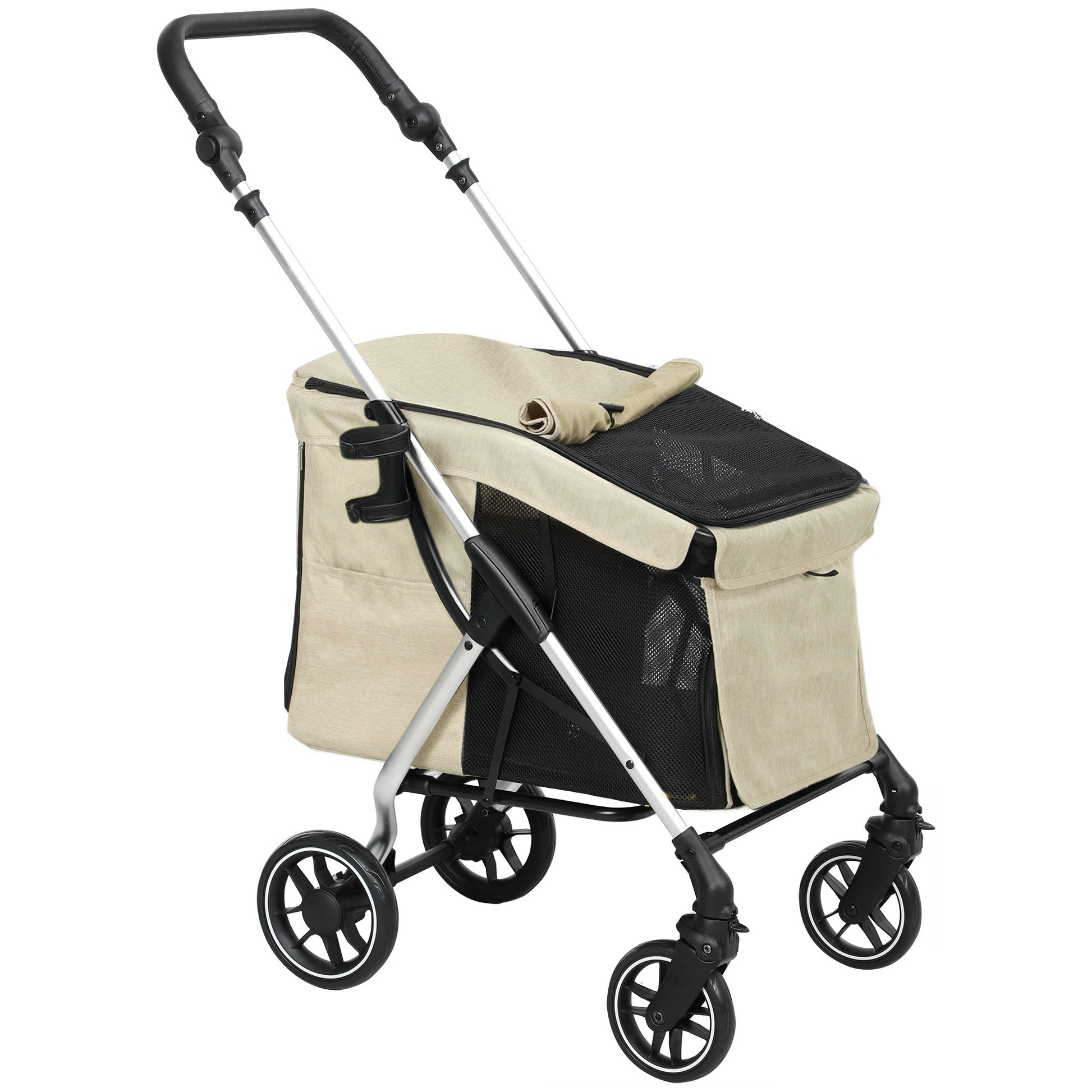 Dog Carriage Lightweight Dog Buggy Made of Aluminum Foldable for Dogs & Cats Cat Buggy with Cushion Mesh Windows Doors Storage Basket Cat Carriage Buggy Khaki